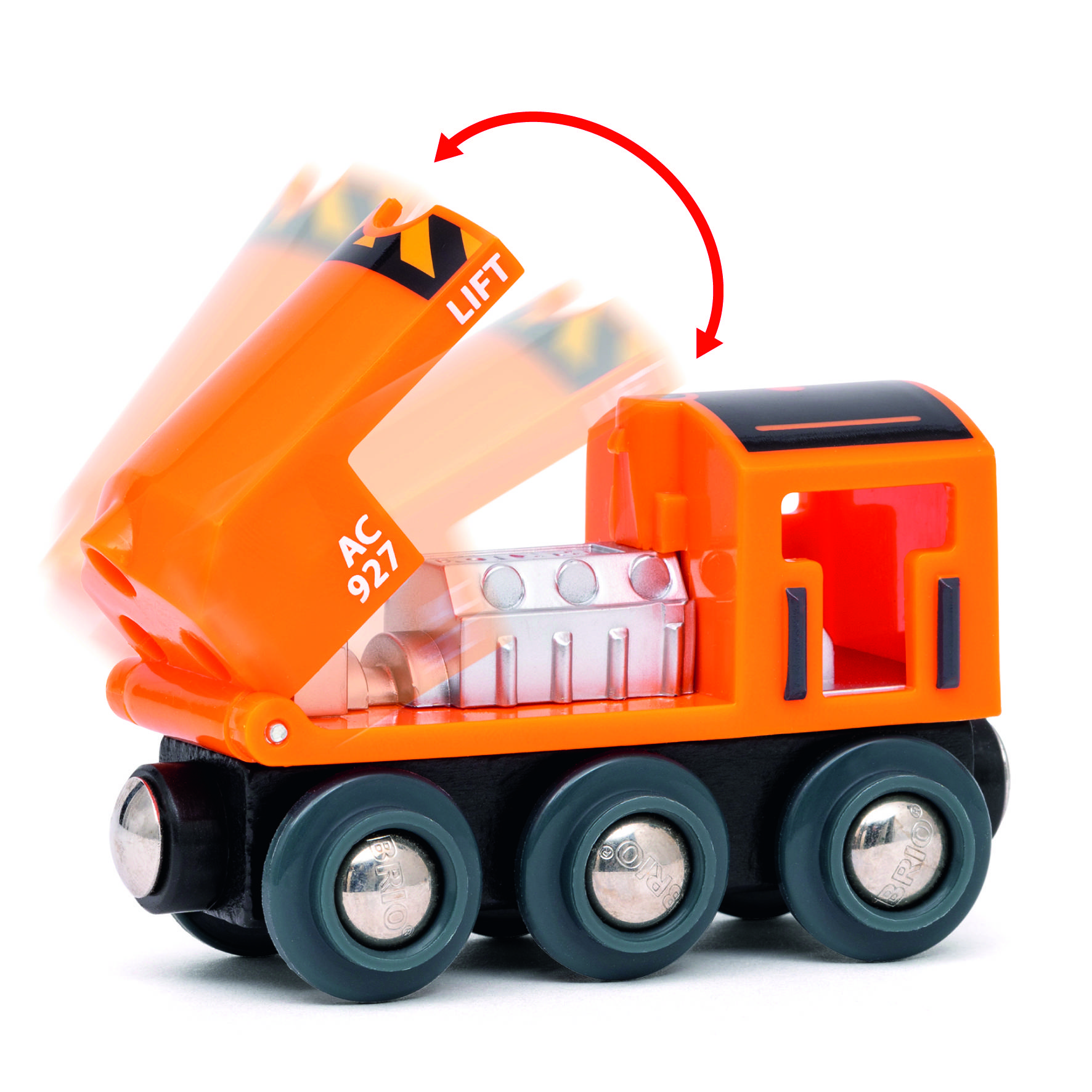 Spielzeug-Lkw in Orange mit beweglicher Kippmulde, die Hebebewegung durch Pfeil dargestellt. Geeignet für Kinder.