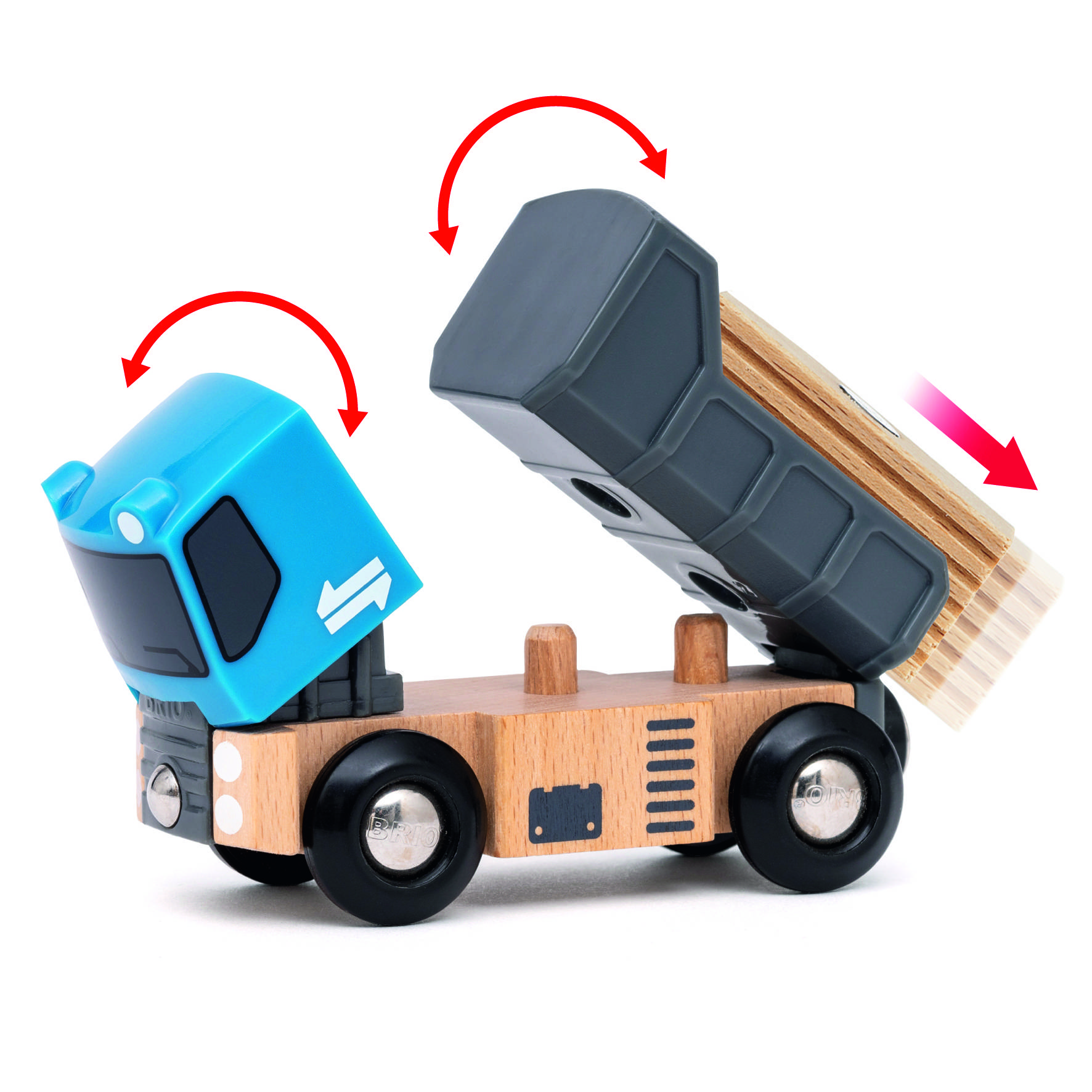 Holzspielzeug-LKW mit blauem Fahrerhaus und schwarzer Kippmulde, die nach oben gekippt ist, rote Pfeile zeigen Bewegung an.