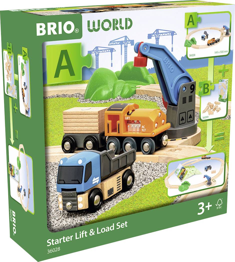 Spielzeug-Kran-Set von BRIO für Kinder ab 3 Jahren mit LKW, Kran und Holzteilen. Verpackung zeigt Set und Spielmöglichkeiten.