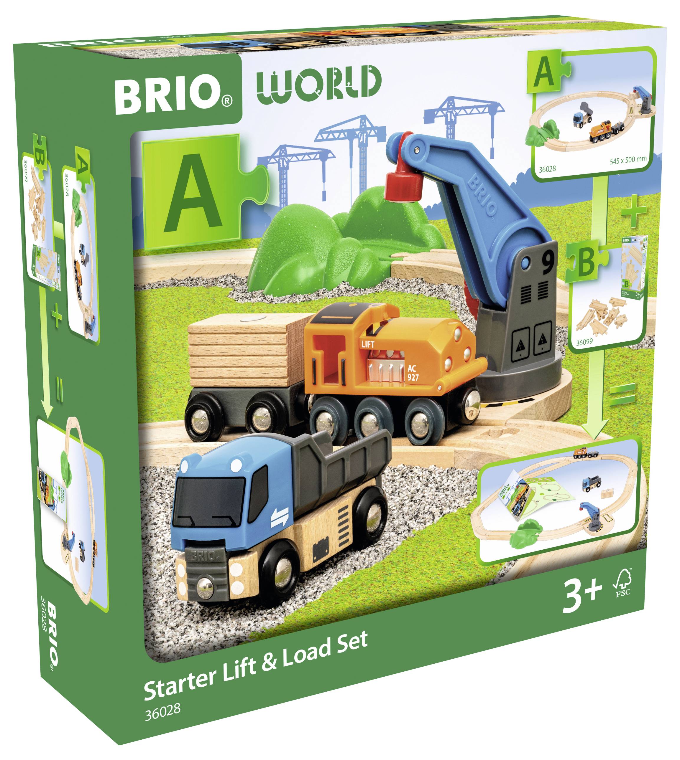 Spielzeug-Set 'Brio World Starter Lift & Load', für Kinder ab 3 Jahren. Enthält LKW, Kran und Schienen.
