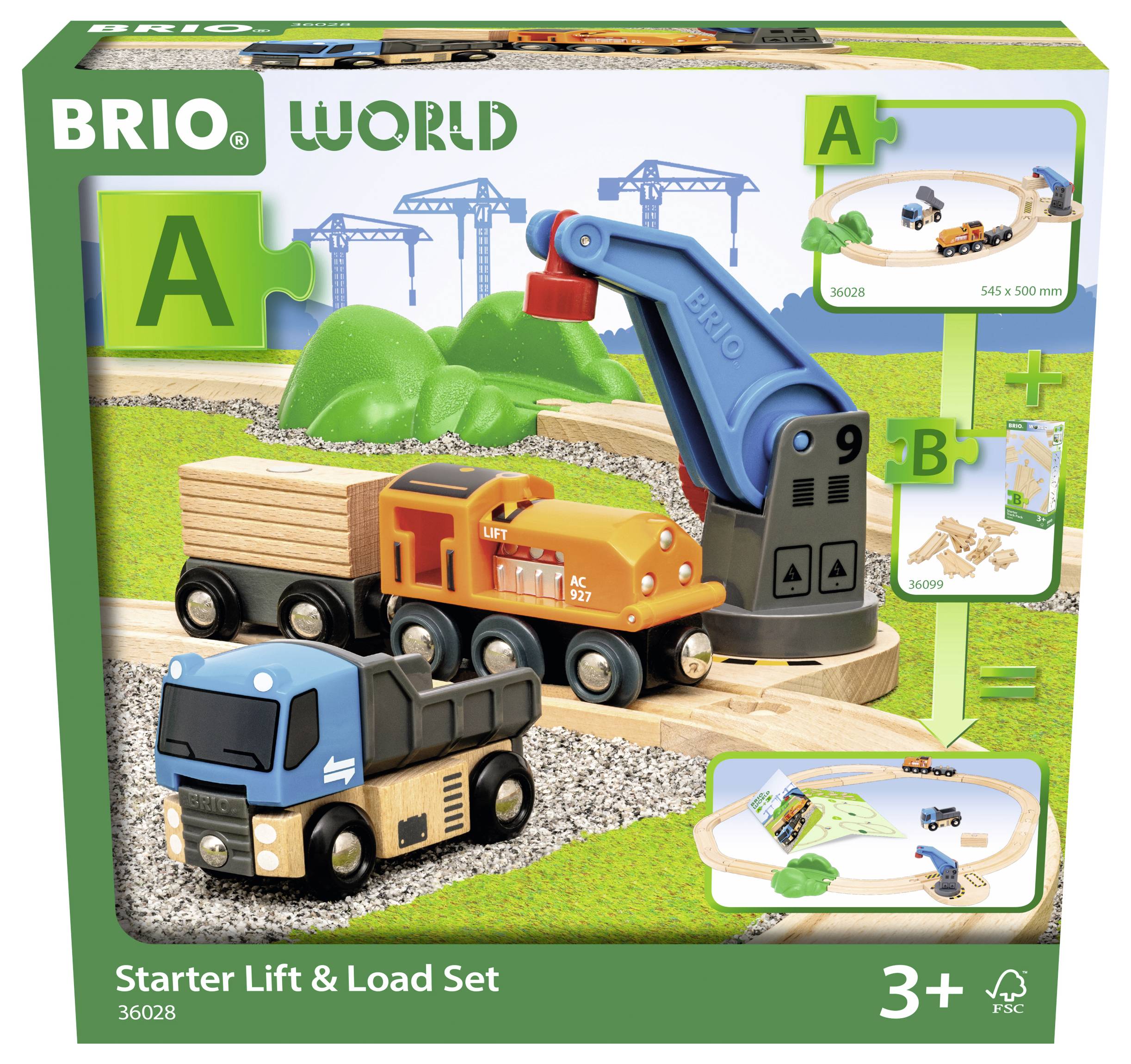 Holzspielset von Brio: ein Lastwagen, ein Kran, ein Container und Schienen. Abgebildet sind Aufbauanleitung und empfohlenes Alter ab 3 Jahren.