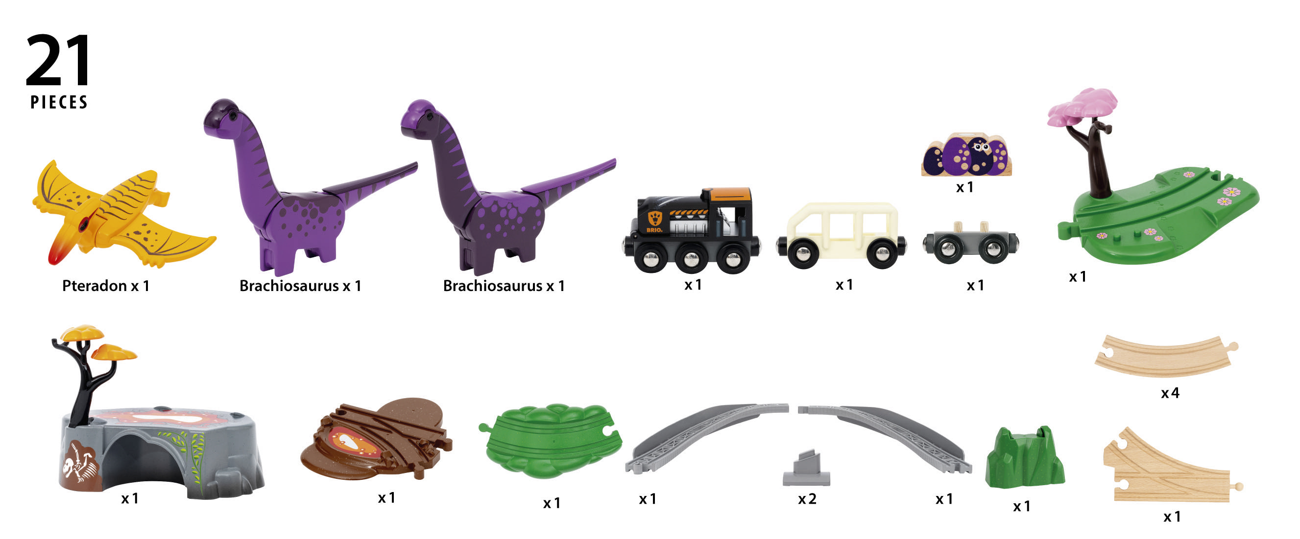 Ein Set mit 21 Teilen: Enthält einen Pteranodon, zwei Brachiosaurier, einen Zug mit Anhängern, Bäume, Schienen und Landschaftsteile.