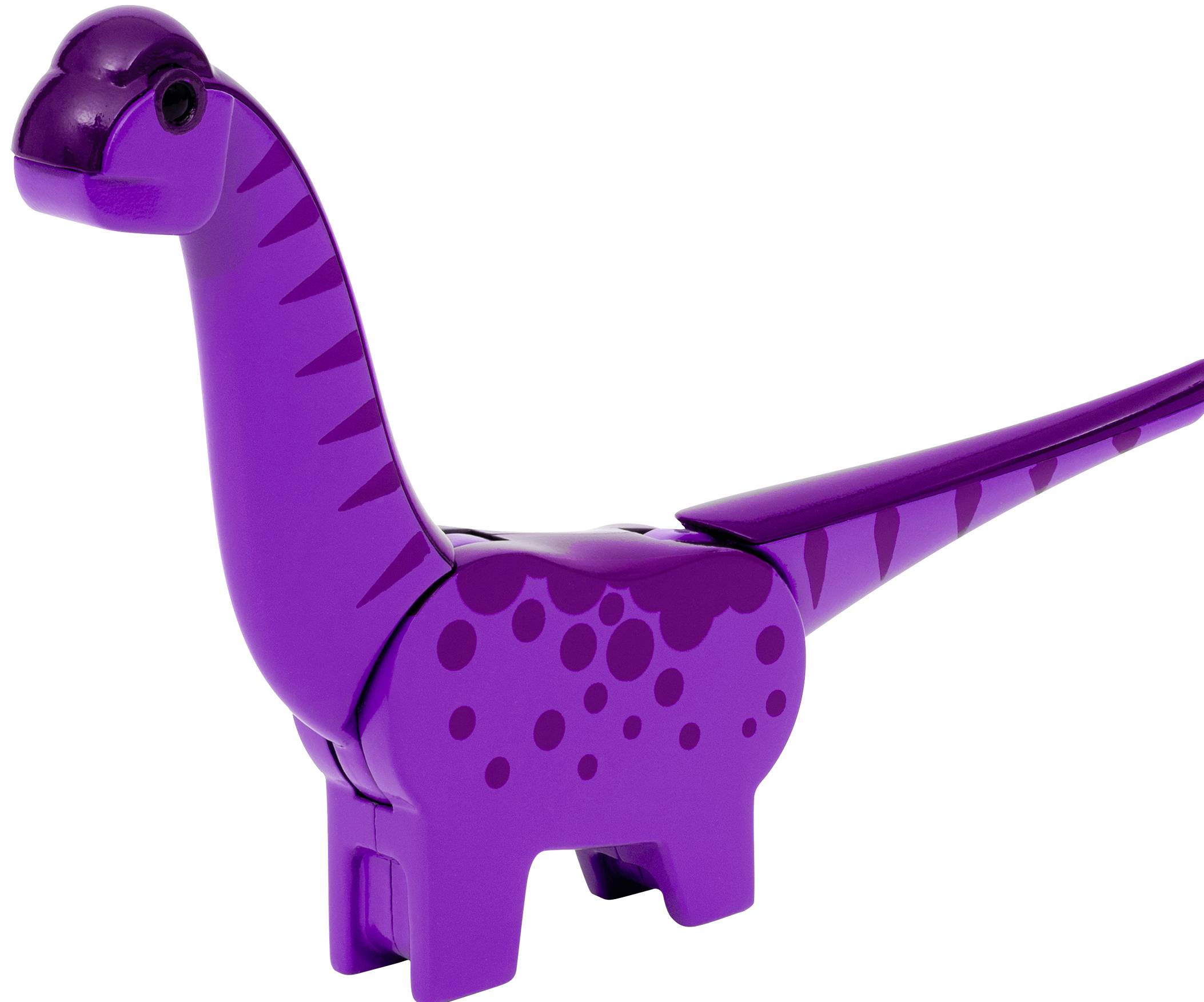 Lila Dinosaurierfigur aus Kunststoff, bestehend aus mehrfachen Segmenten mit Flecken und einem langen Hals.
