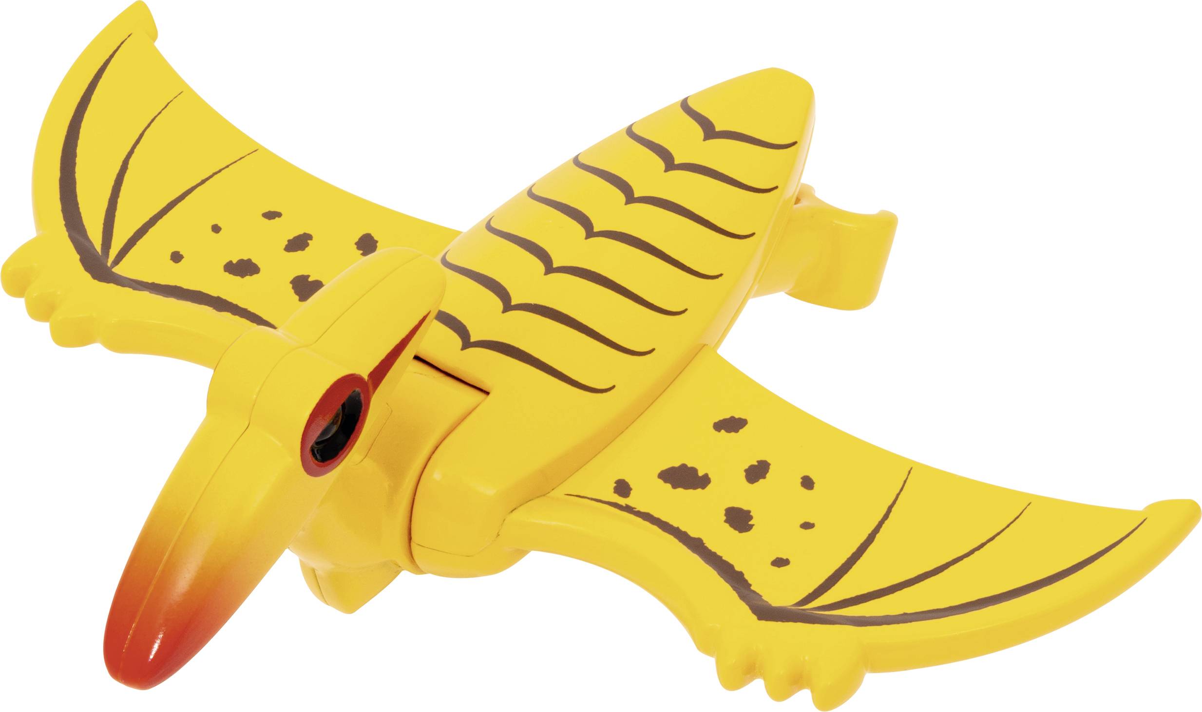 Spielzeug-Pterosaurier aus gelbem Kunststoff mit roten und schwarzen Details. Flügel ausgebreitet, in einer Flugpose dargestellt.