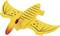Spielzeug-Pterosaurier aus gelbem Kunststoff mit roten und schwarzen Details. Flügel ausgebreitet, in einer Flugpose dargestellt.