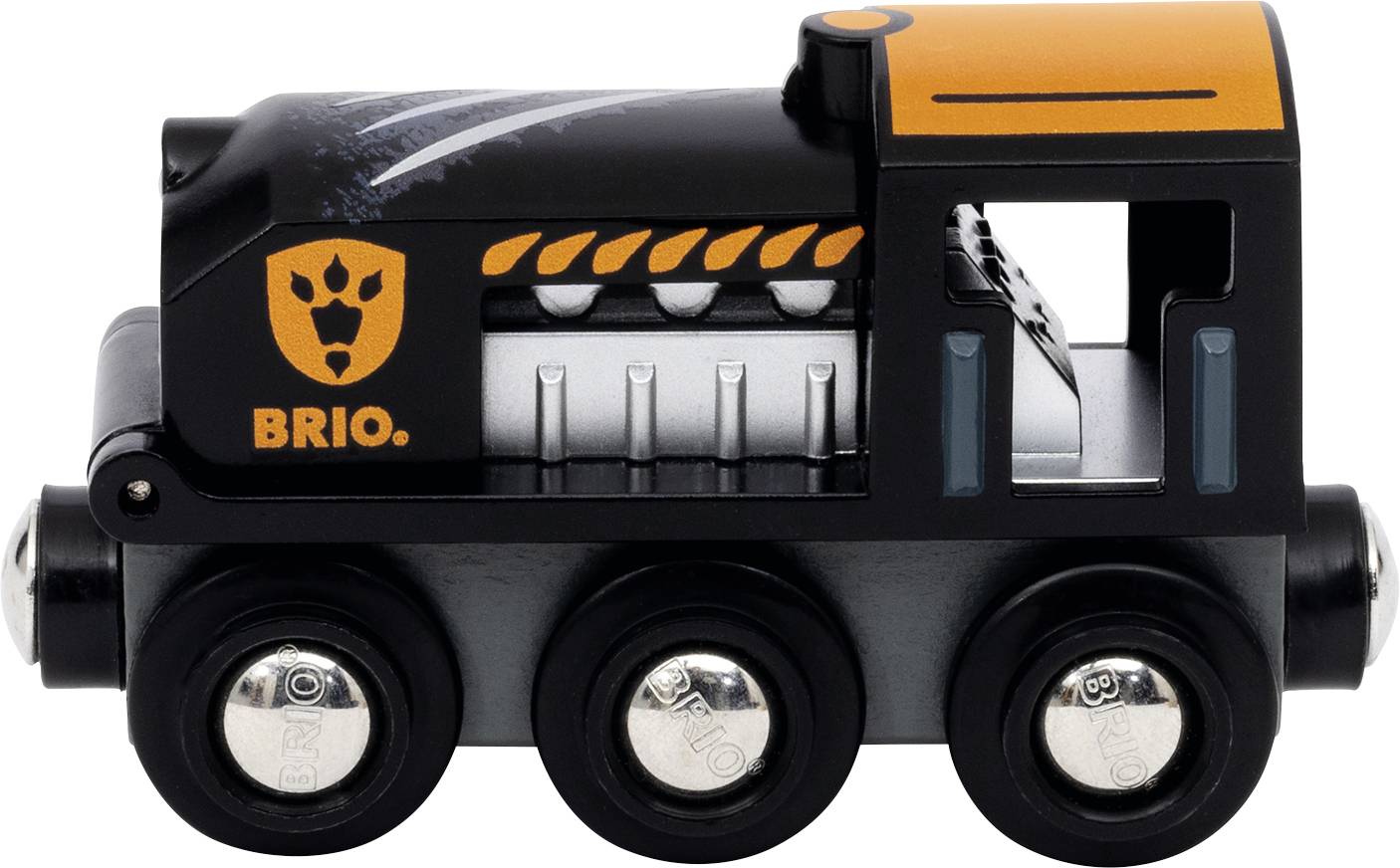 Das Bild zeigt ein schwarzes Spielzeuglokomotiv-Modell mit vier Rädern und einem orangefarbenen Logo an der Seite.