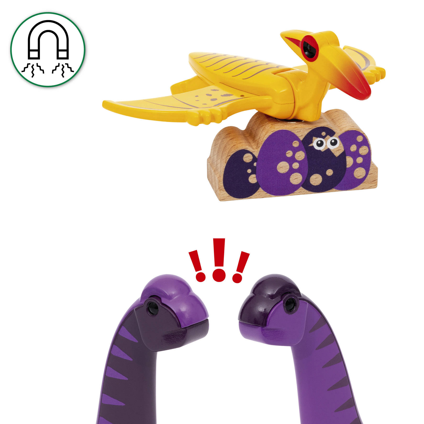 Ein gelber Vogel sitzt auf lila Eiern, darunter zwei lila Kreaturen mit Ausrufezeichen. Magnetkraft-Symbol oben links.