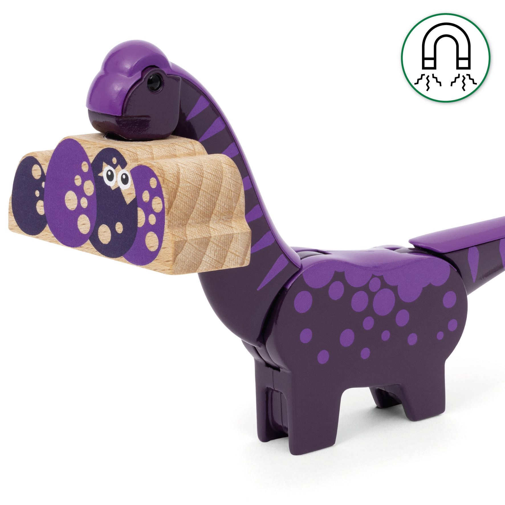 Ein lila Dinosaurier-Spielzeug aus Holz hält ein magnetisches Holzsushi im Maul. Oben links ist ein Magnet-Symbol zu sehen.
