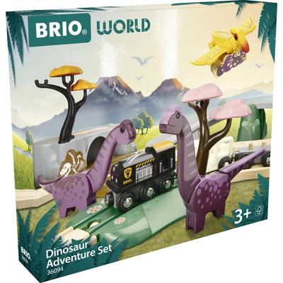 BRIO Dinosaurier-Abenteuer-Set für Kinder ab 3 Jahren. Enthält Dinosaurier- und Zugspielzeug vor malerischem Bergpanorama.