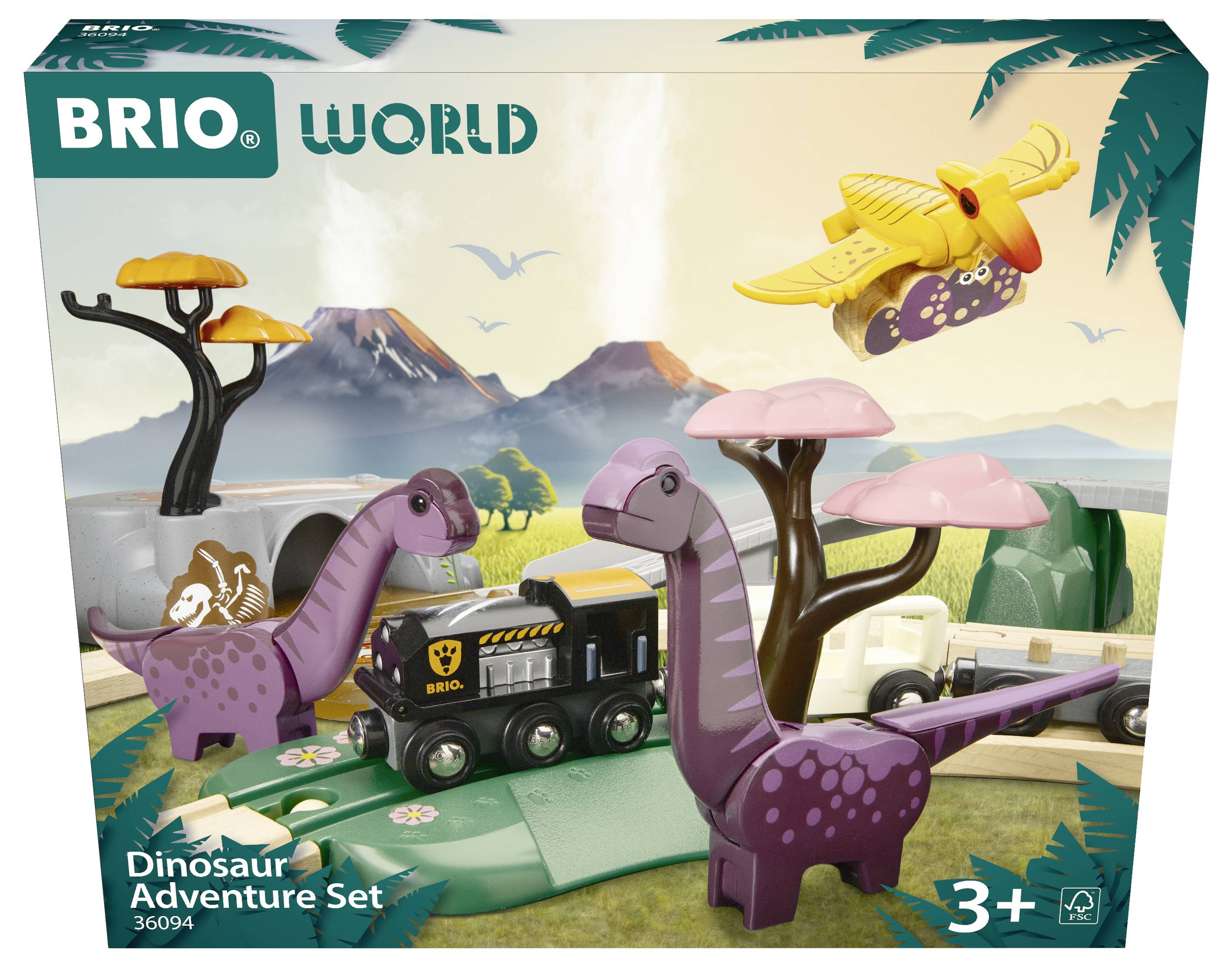BRIO Eisenbahn-Spielset mit Dinosaurier-Thema für Kinder ab 3 Jahren. Enthält lila Dinosaurier, Bäume, Landschaft und Zug.