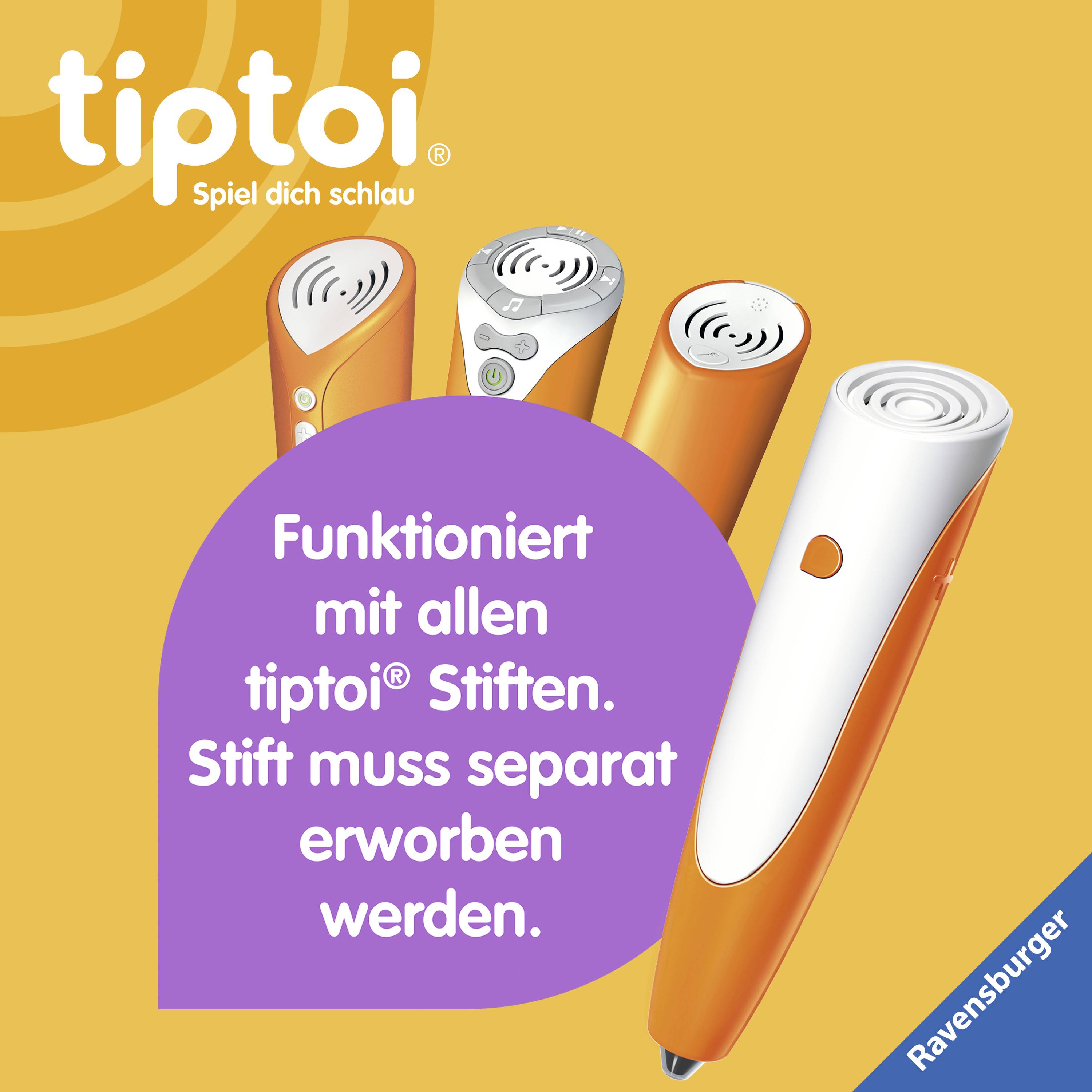 Drei orangefarbene Stifte mit Lautsprechern und Sensoren. Text: 'Funktioniert mit allen tiptoi® Stiften. Stift muss separat erworben werden.' Markenlogo oben links.