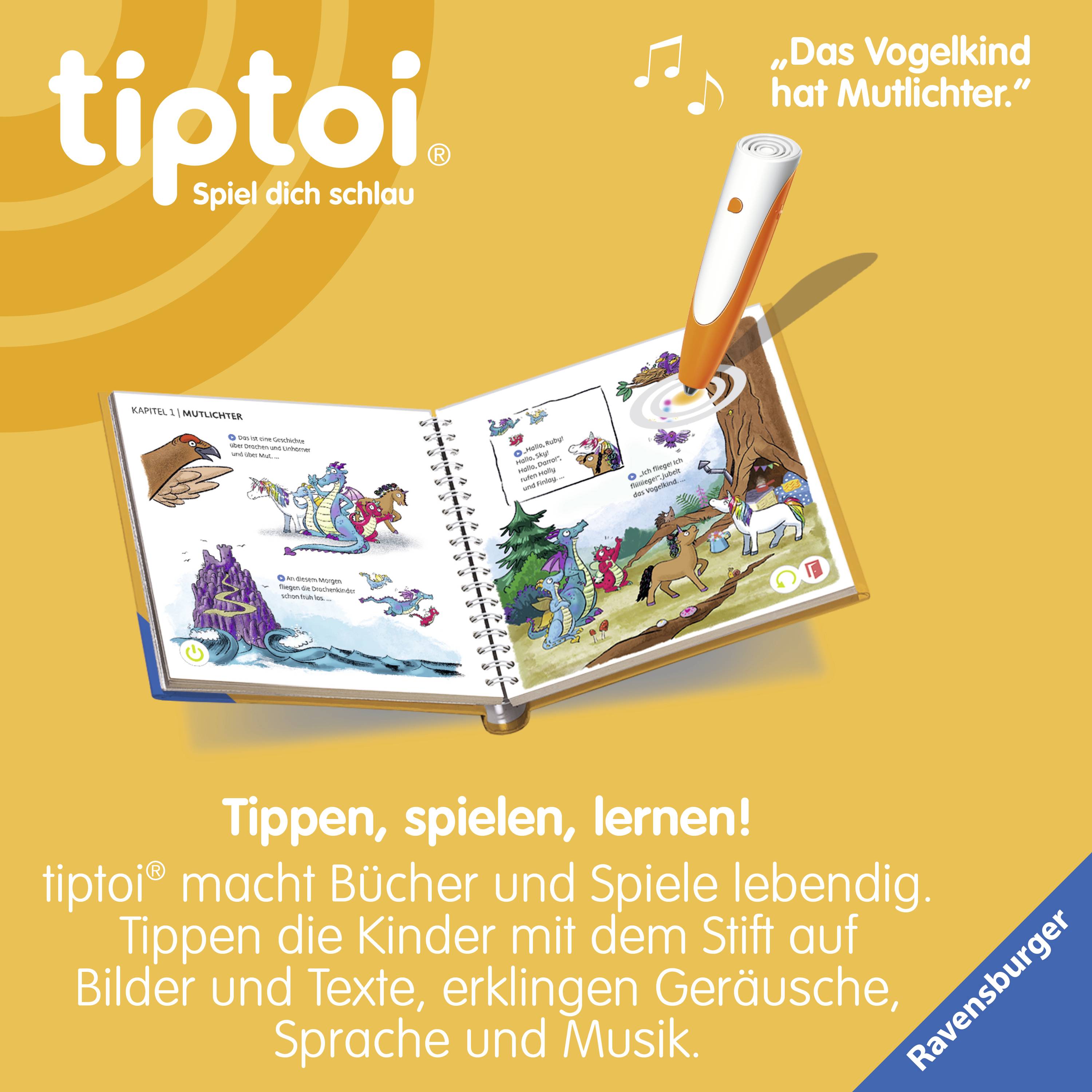 Ein Kinderbuch mit einem interaktiven Stift aufgeschlagen. Text: 'Tippen, spielen, lernen!' und 'Das Vogelkind hat Mutlichter.'