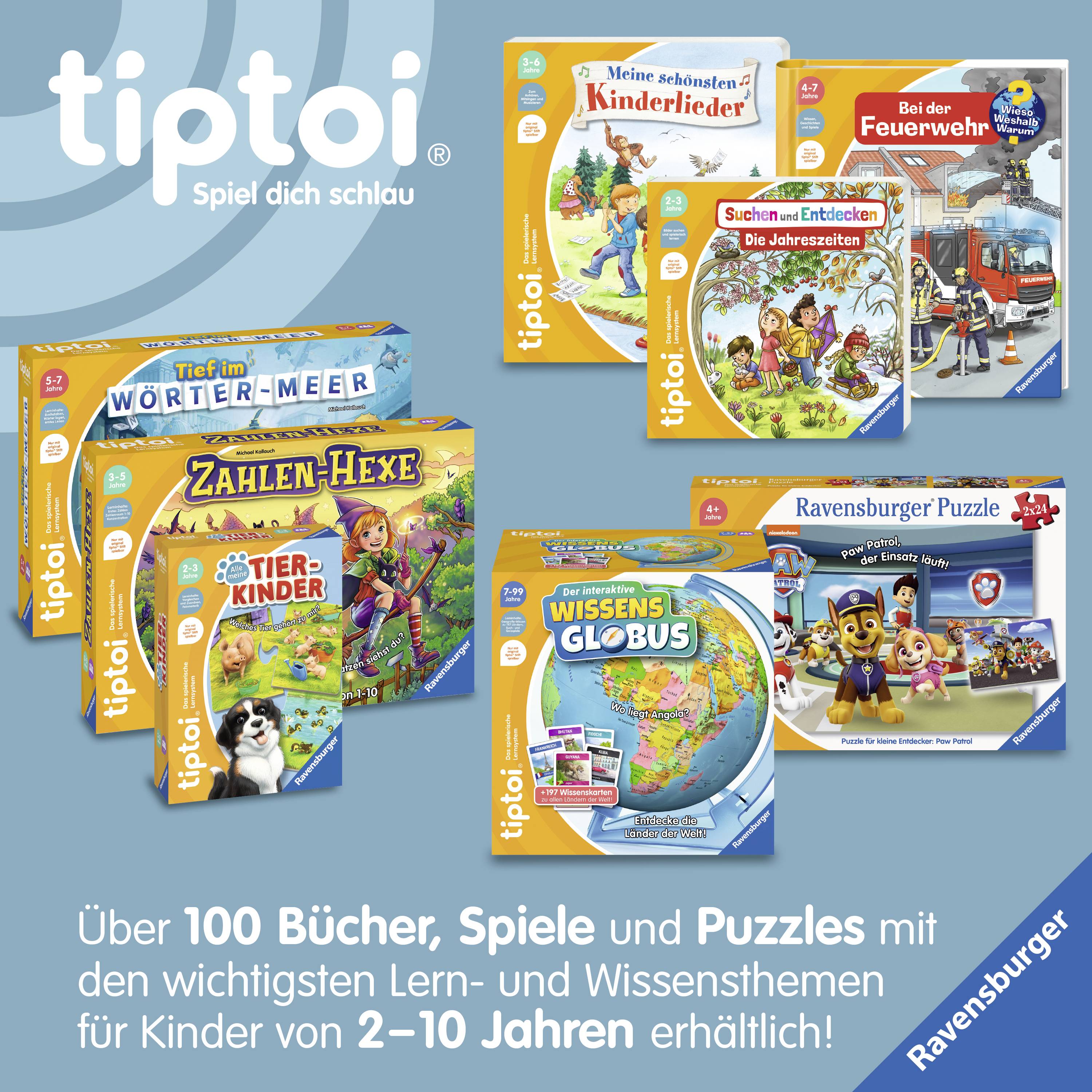 'Tiptoi-Produkte von Ravensburger: Bücher, Spiele und Puzzles für Kinder mit Lern- und Wissensthemen. Geeignet für 2–10 Jahre.'