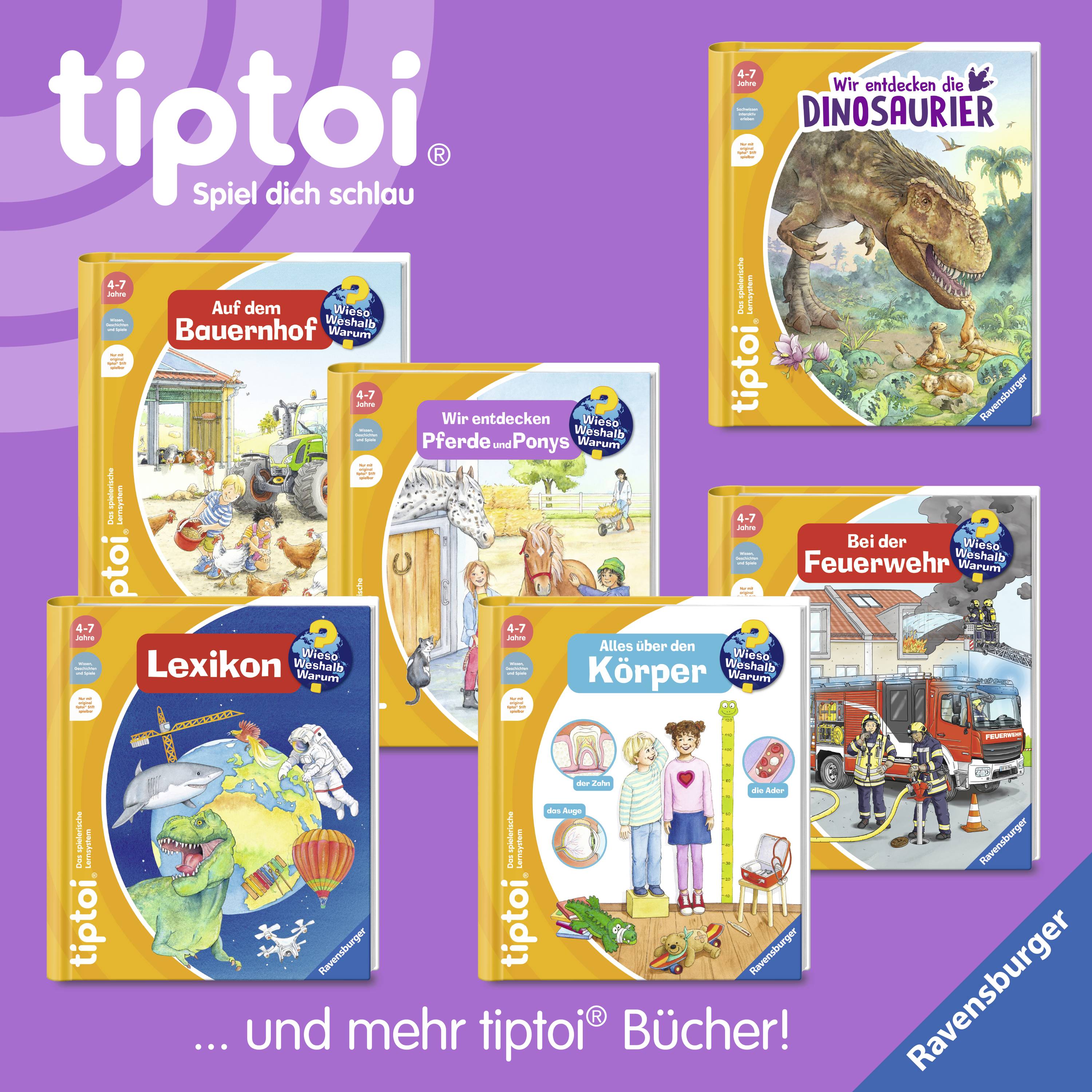 Ein Set von sechs tiptoi® Kinderbüchern, darunter Themen wie Dinosaurier, Bauernhof, Pferde, Feuerwehr, Lexikon und Körper.