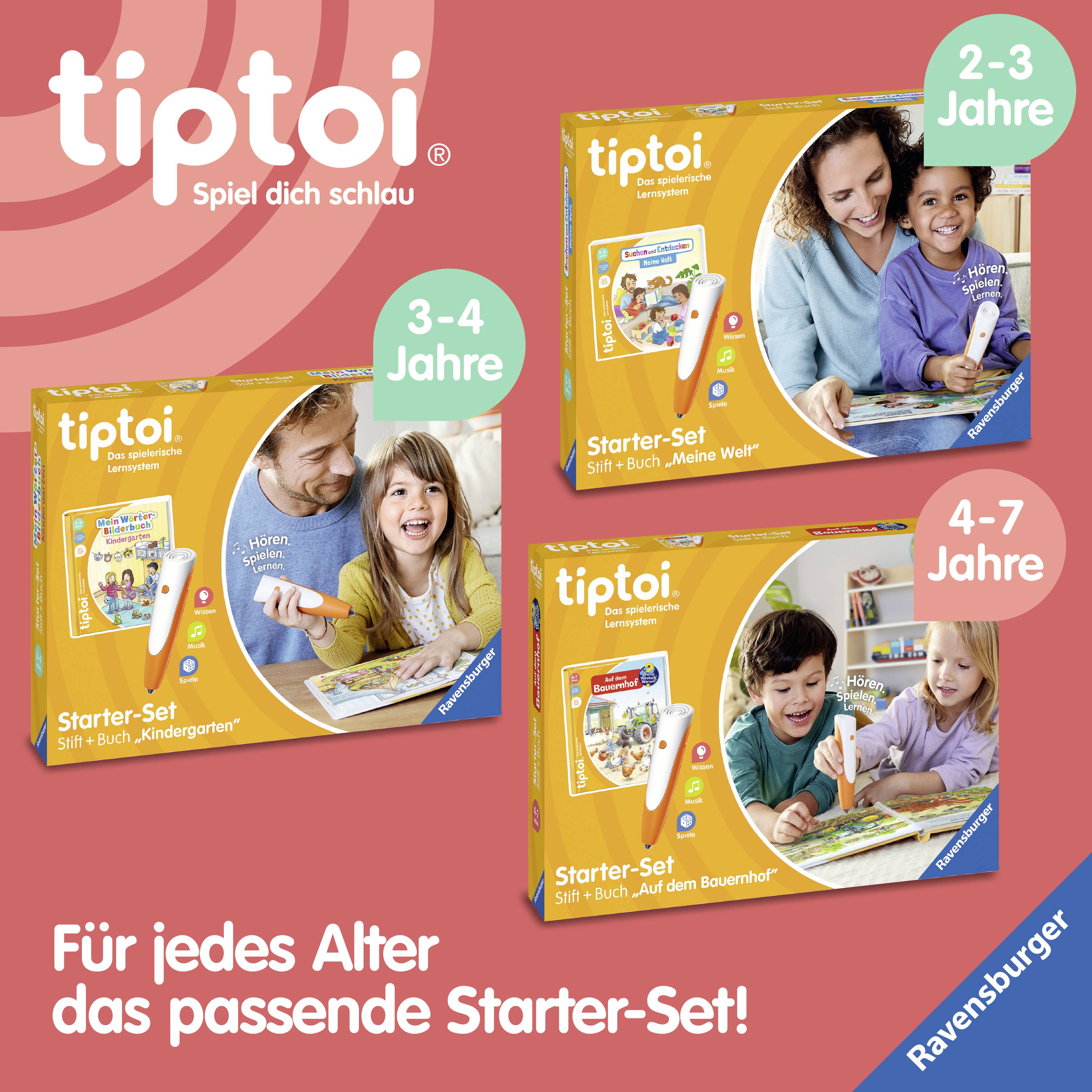 Drei tiptoi Starter-Sets für verschiedene Altersgruppen: 2-3 Jahre, 3-4 Jahre, 4-7 Jahre. Jedes Set enthält Stift und Buch. Markenname 'tiptoi'.