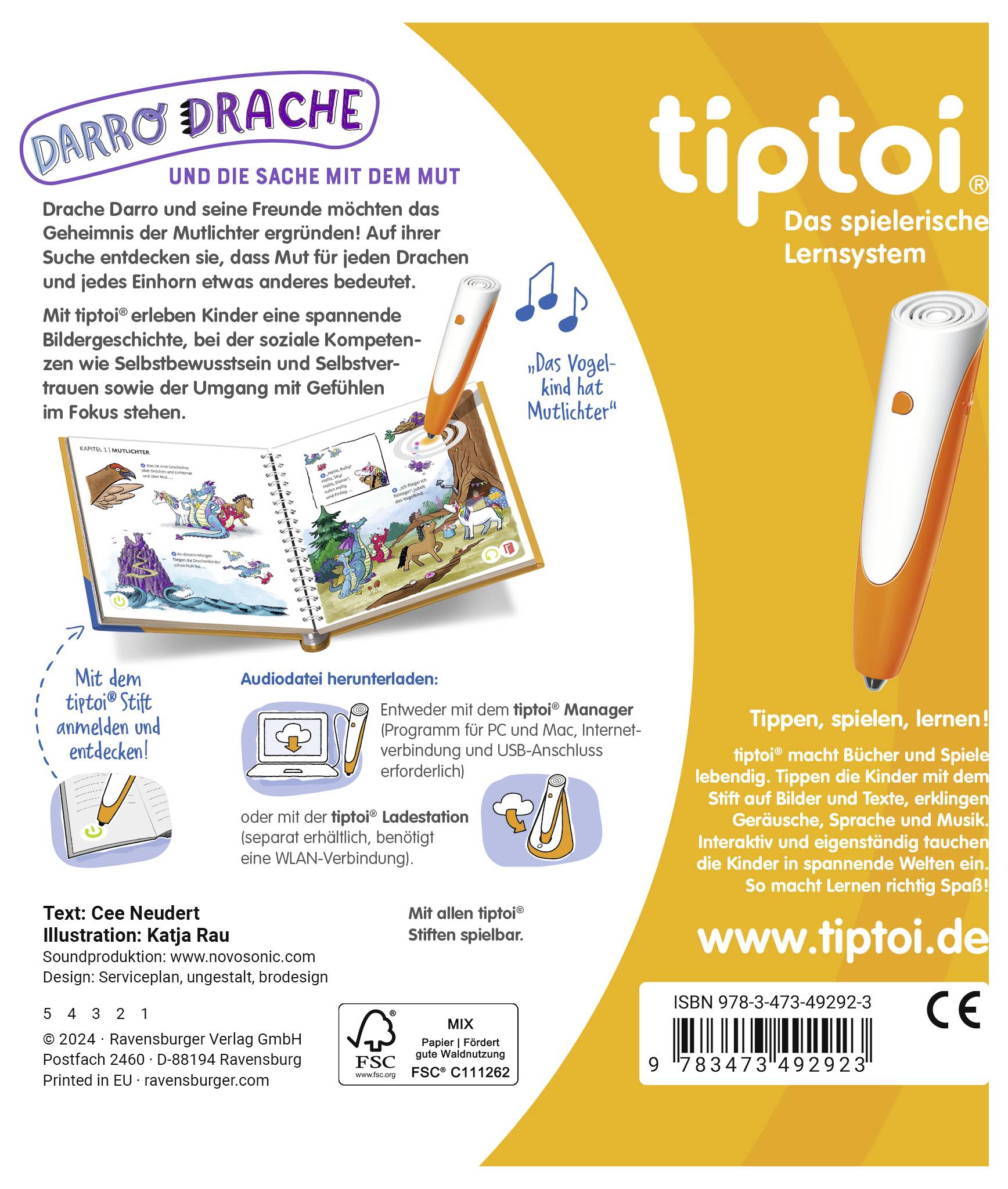 'Tiptoi Das spielerische Lernsystem' zeigt ein magisches Buch und Stift. Fördert Kinder durch interaktive Geschichten und Lieder.