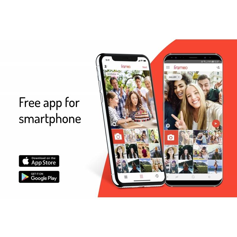 Das Bild zeigt zwei Smartphones mit einer Fotofreigabe-App. Links sind App-Store-Logos mit dem Text 'Free app for smartphone'.