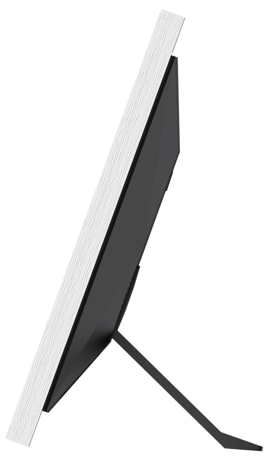 Seitliche Ansicht eines schwarzen, flachen Monitors mit schmalem weißen Rand und stabilem Metallständer.