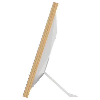 Seitenansicht eines modernen Computerbildschirms mit schmalem Holzrahmen und einem schlanken, silbernen Standfuß.