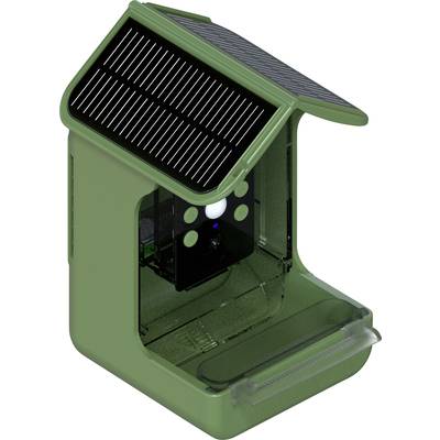 Ein kleines grünes Haus-Modell mit einem Solarpanel-Dach, geöffnet, zeigt Innenmechanik und eine leuchtende LED-Anzeige.