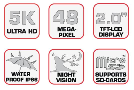 '5K Ultra HD, 48 Megapixel, 2.0" TFT-LCD Display, Waterproof IP66, Night Vision, Unterstützt SD-Karten' – Sechs quadratische Symbole mit technischen Spezifikationen.