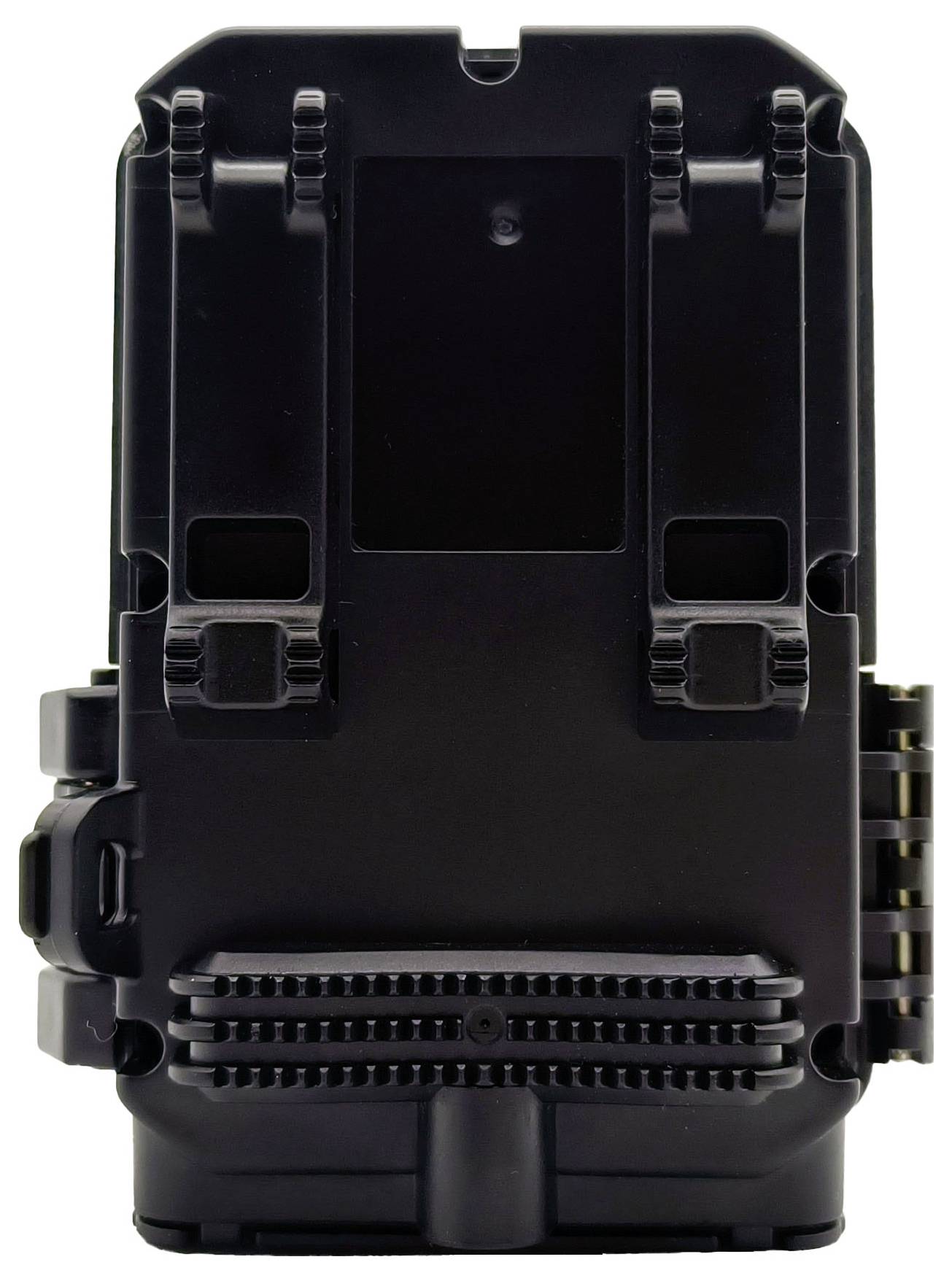 Ein schwarzes, rechteckiges elektronisches Gerät mit mehreren Clips und Steckverbindungen an den Seiten, vermutlich für technische Anwendungen.