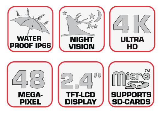 Sechs Symbole zeigen Funktionen: wasserdicht IP66, Nachtsicht, 4K Ultra HD, 48 Megapixel, 2,4" TFT-LCD, unterstützt microSD-Karten.