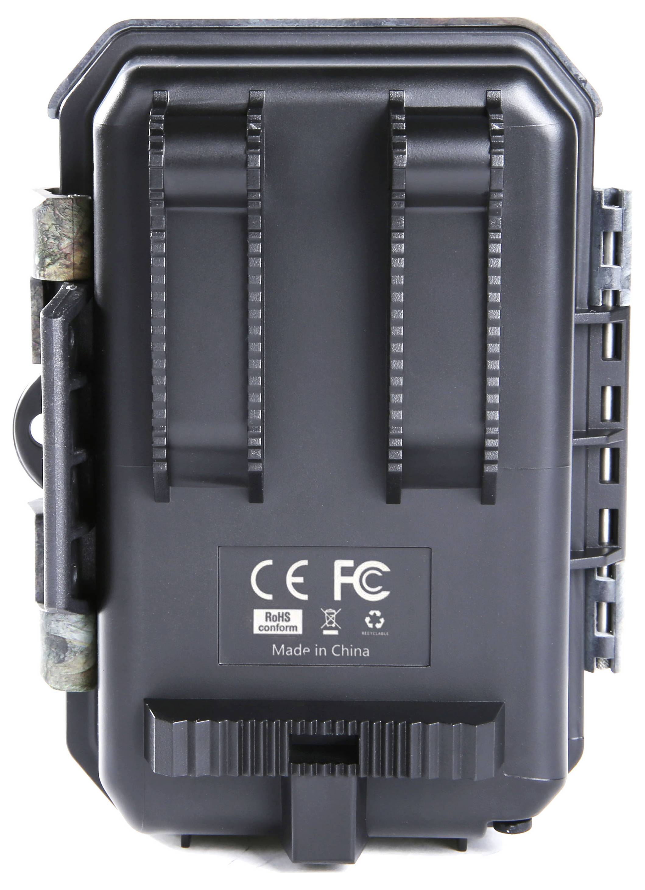 Schwarze, rechteckige elektronische Box mit CE- und FCC-Zertifizierung, Metallklammer an der Seite und Aufschrift 'Made in China'.