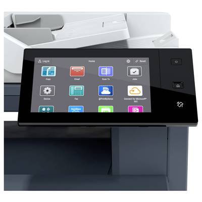 Ein Druckerdisplay mit verschiedenen Symbolen für Funktionen wie Kopieren, Scannen und Faxen sowie Verbindungsmöglichkeiten zu Microsoft 365.