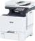 Ein weißer Multifunktionsdrucker mit Touchscreen-Bedienfeld. Der Drucker hat Papierzufuhren unten und verschiedene Menüoptionen auf dem Display.