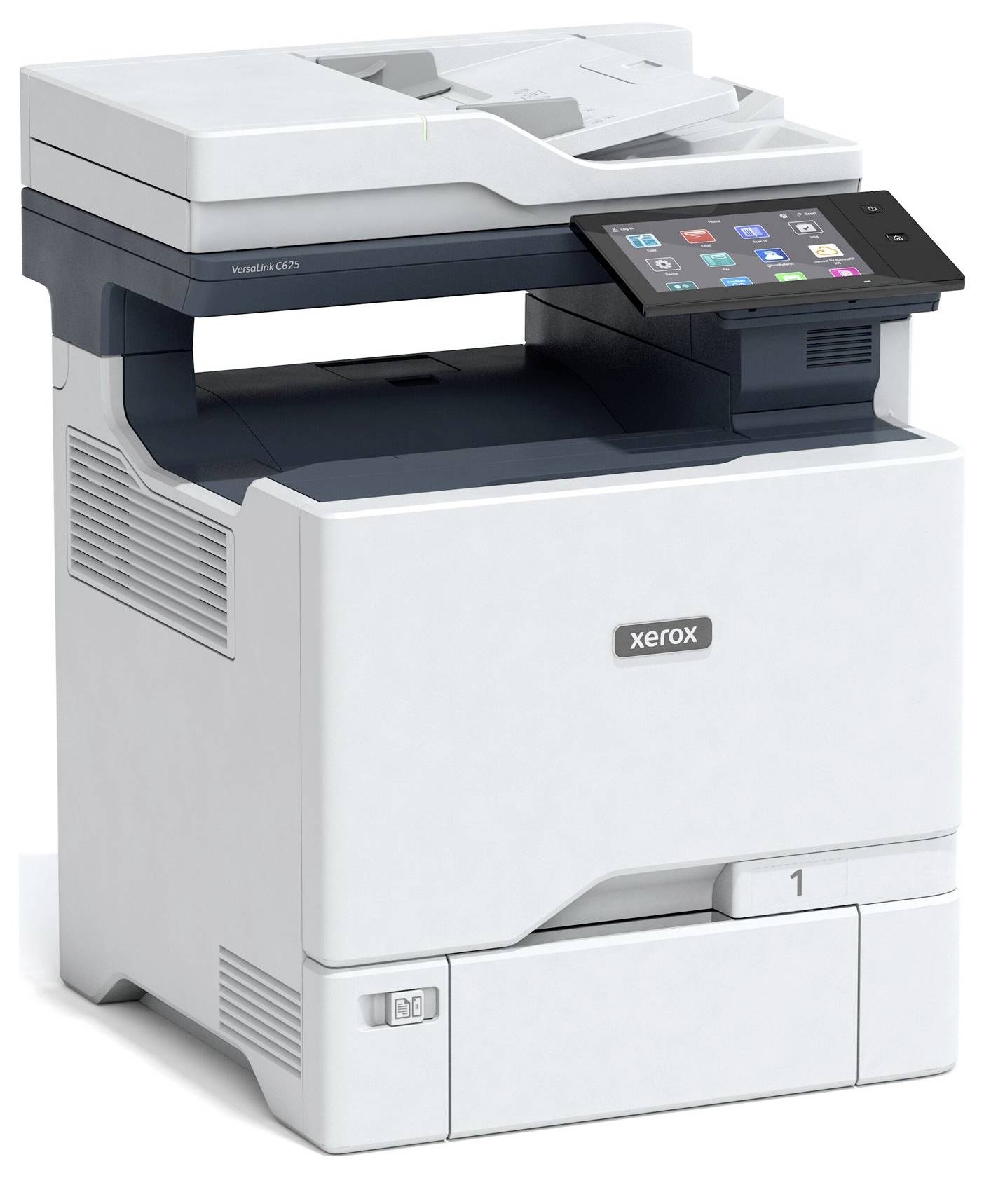 Ein moderner, mehrfarbiger Xerox-Drucker mit Touchscreen-Display, geeignet für Büro- und Heimanwendungen.