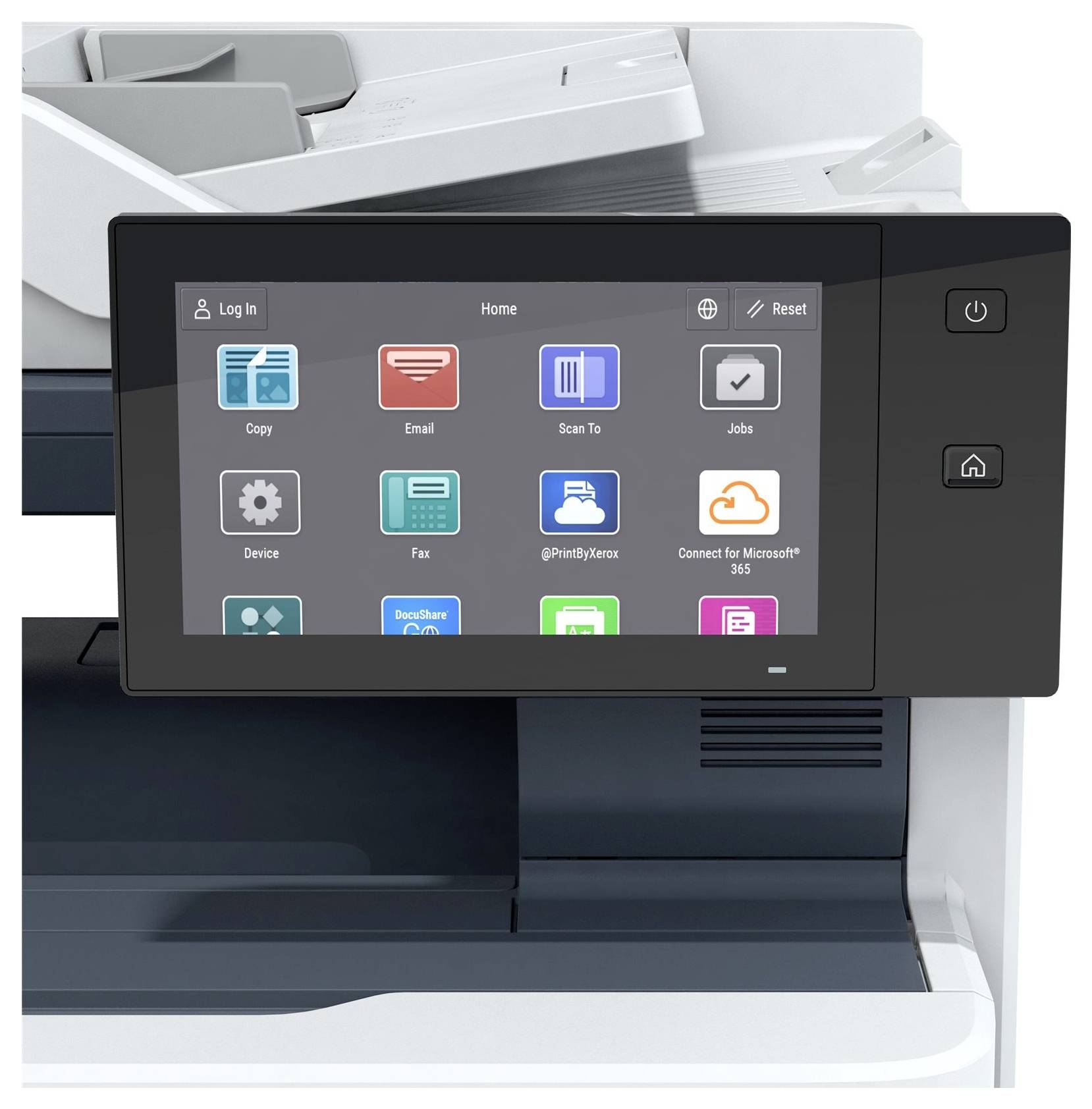 Ein Drucker mit einem Touchscreen-Display, das verschiedene Funktionen wie 'Kopieren', 'E-Mail', 'Scannen' und 'Geräte' zeigt.
