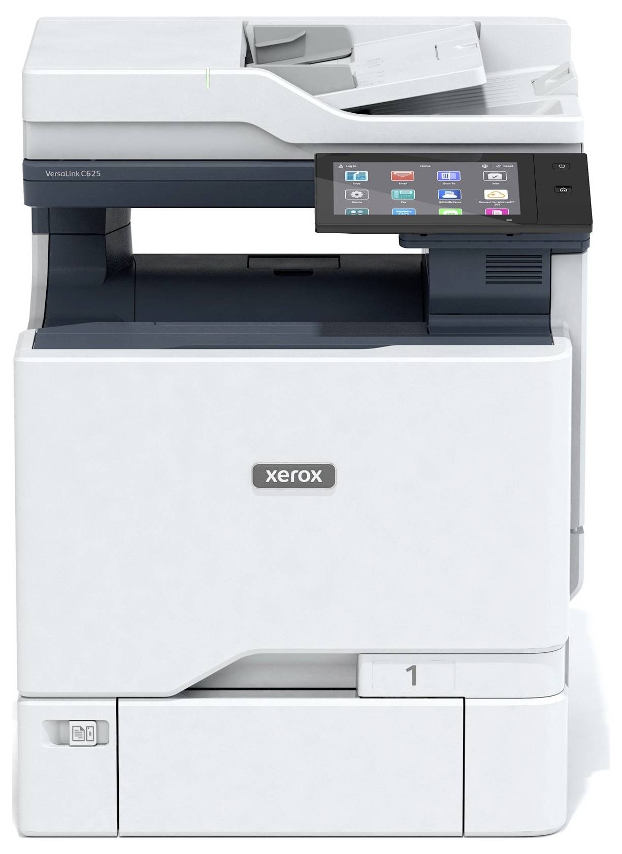 Ein moderner, grauer Multifunktionsdrucker mit Display und Bedienfeld, geeignet für Büroanwendungen.