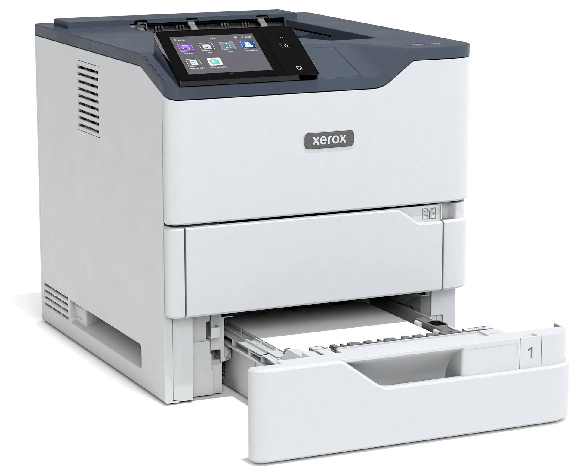 Ein weißer Drucker der Marke Xerox mit offenem Papierfach und Display oben; Bürogeräte.