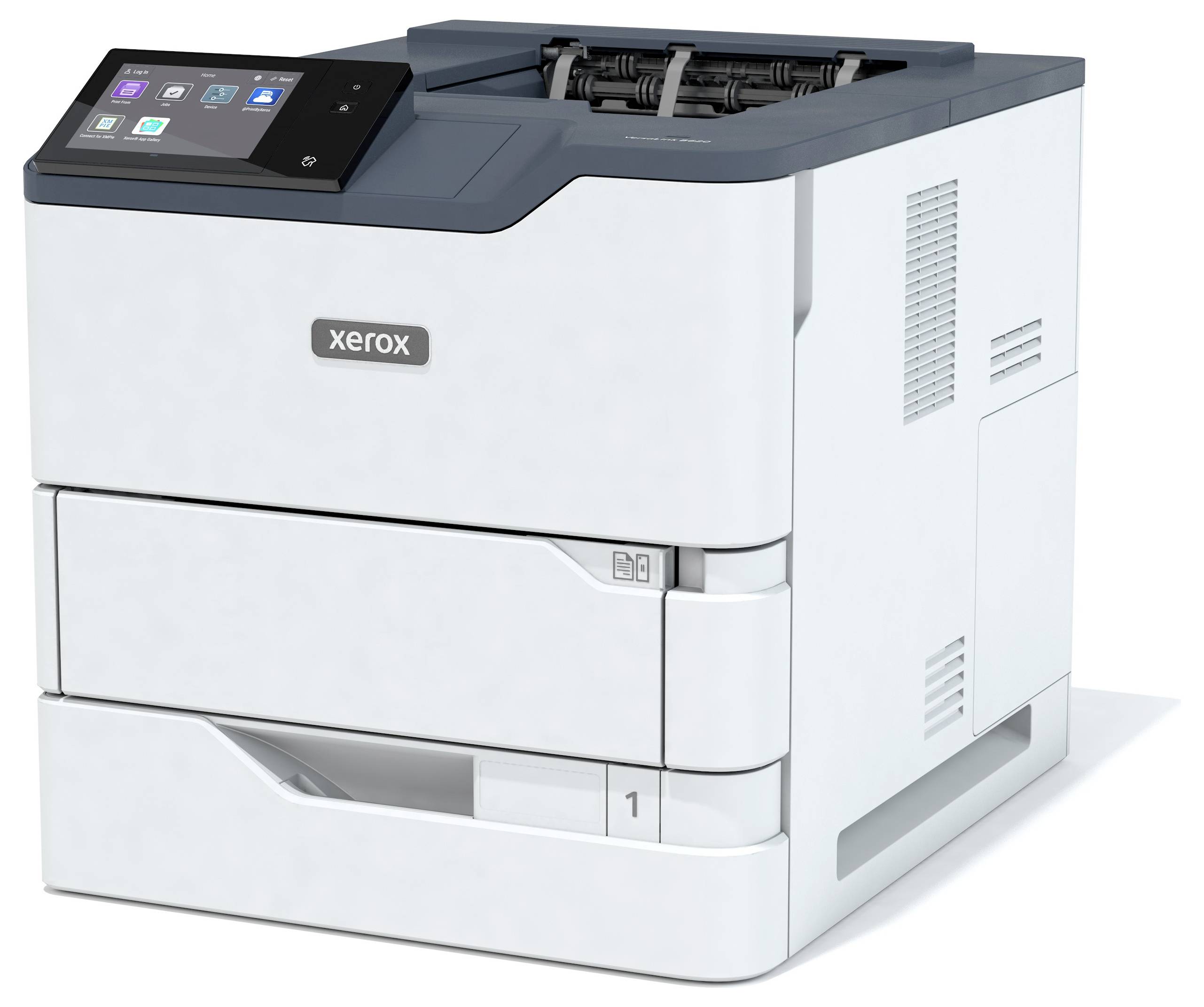 Ein weißer Laserdrucker mit einem dunklen Bedienfeld oben links, das verschiedene Funktionen und Tasten anzeigt.