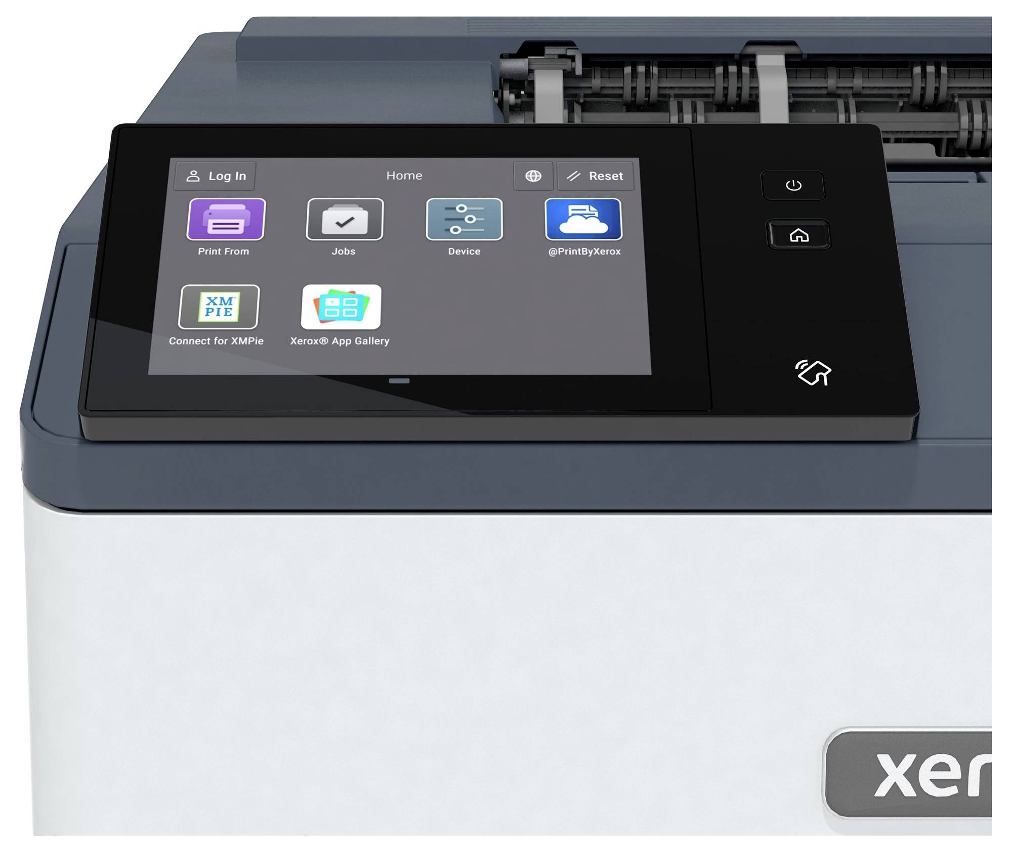 Drucker mit Touchscreen-Display, zeigt Optionen wie 'Print From', 'Jobs' und 'Device'.