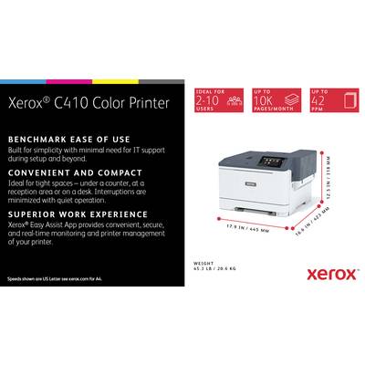 'Drucker-Modell Xerox C410, ideal für 2-10 Nutzer, bis zu 10.000 Seiten/Monat, 42 Seiten/Minute, kompakt und benutzerfreundlich.'