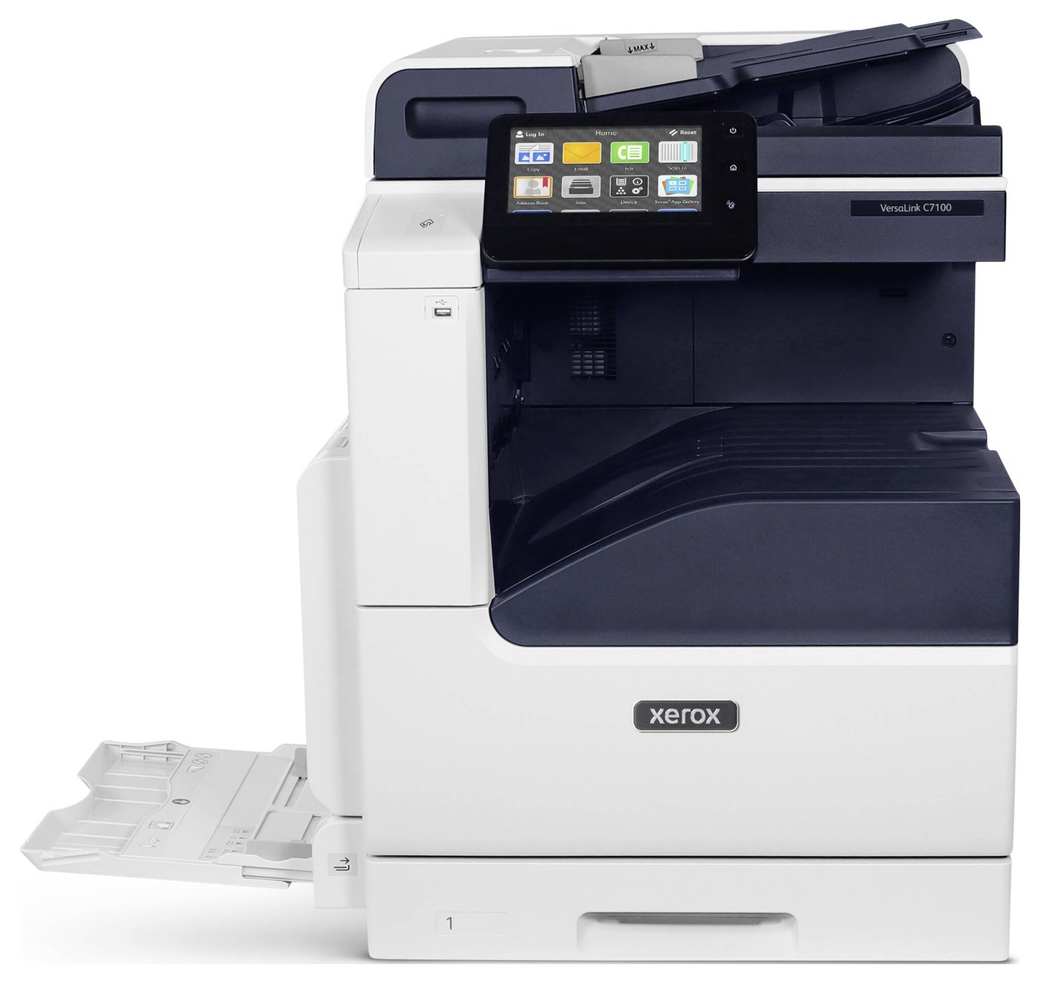 Ein Xerox CT120 Bürodrucker mit Touchscreen-Schnittstelle, ausgefahrenem Papierfach und einsatzbereit.