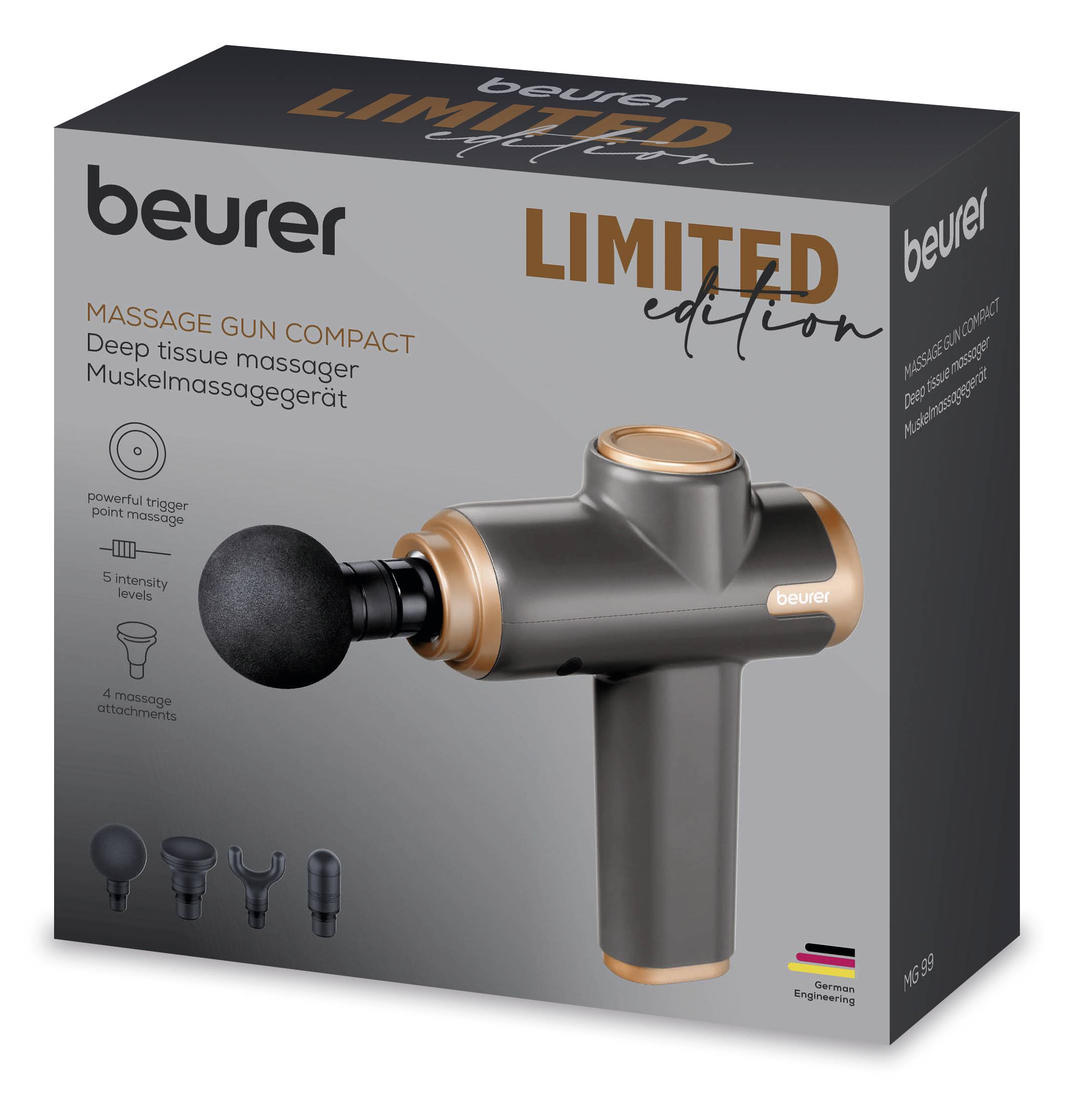 Verpackung einer Massagepistole von Beurer, beschriftet als 'LIMITED EDITION'. Enthält Massagegerät, 5 Intensitätsstufen, 4 Aufsätze.