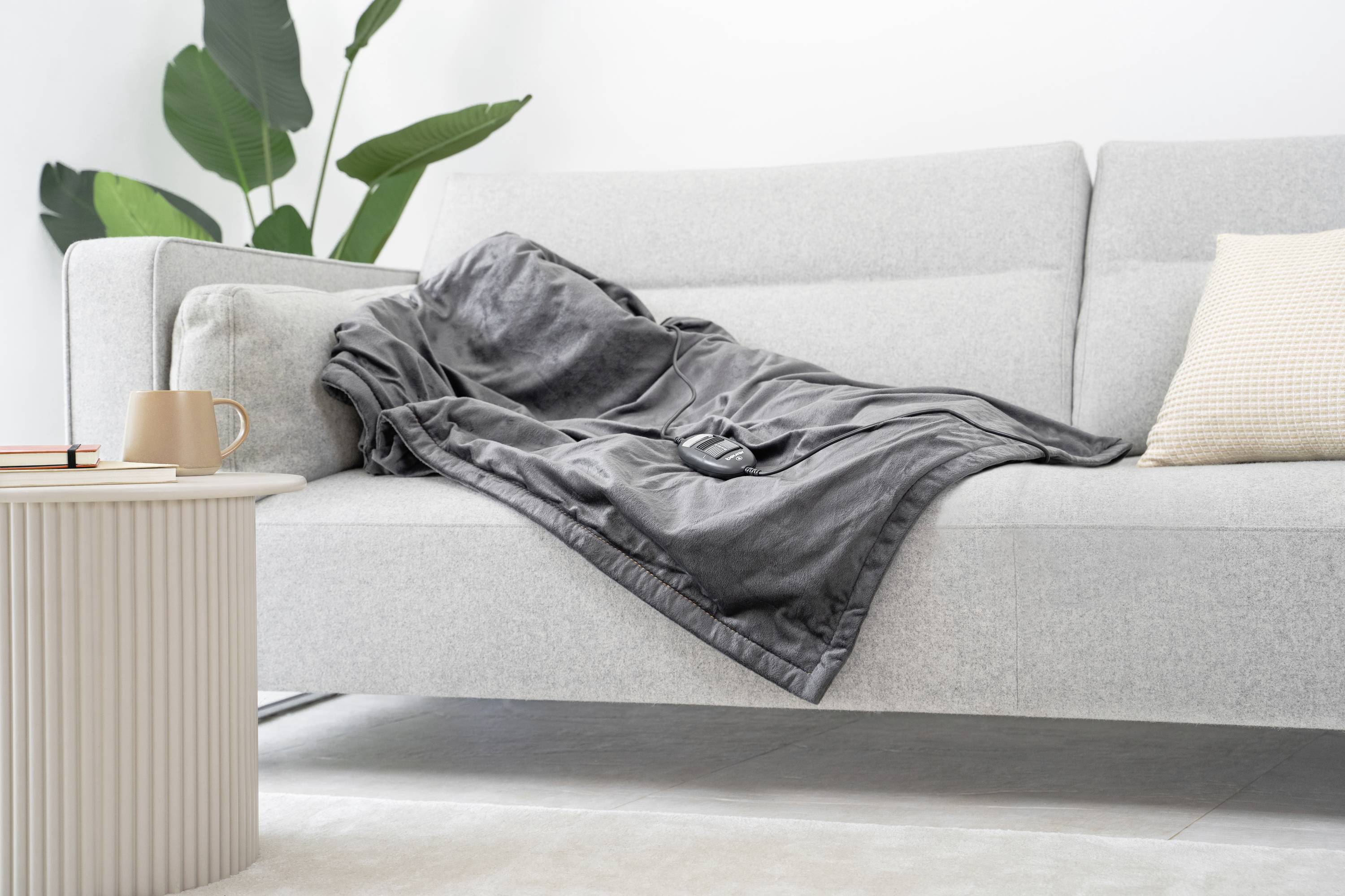 Graues Sofa mit einem grauen Umhang und Kissen darauf, daneben steht ein runder Tisch mit einer Tasse. Im Hintergrund grüne Pflanze.