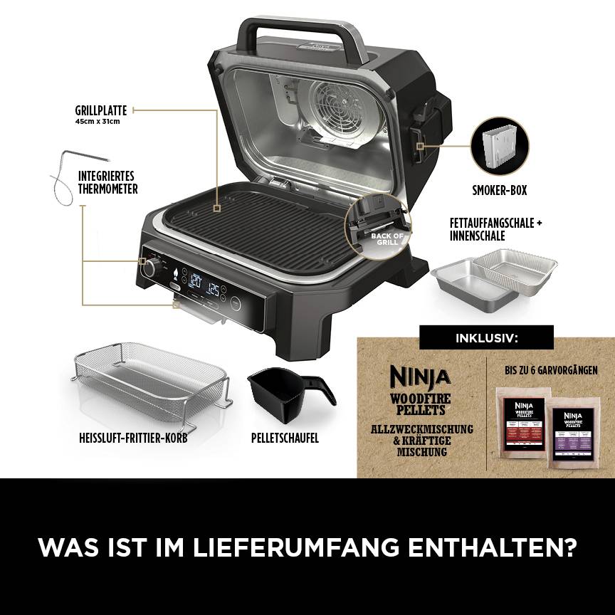 Inhalt eines Ninja-Grills mit integriertem Thermometer, Rauchbox und Heißluft-Fritteuse. Bild zeigt Zubehör und Garvorgänge.