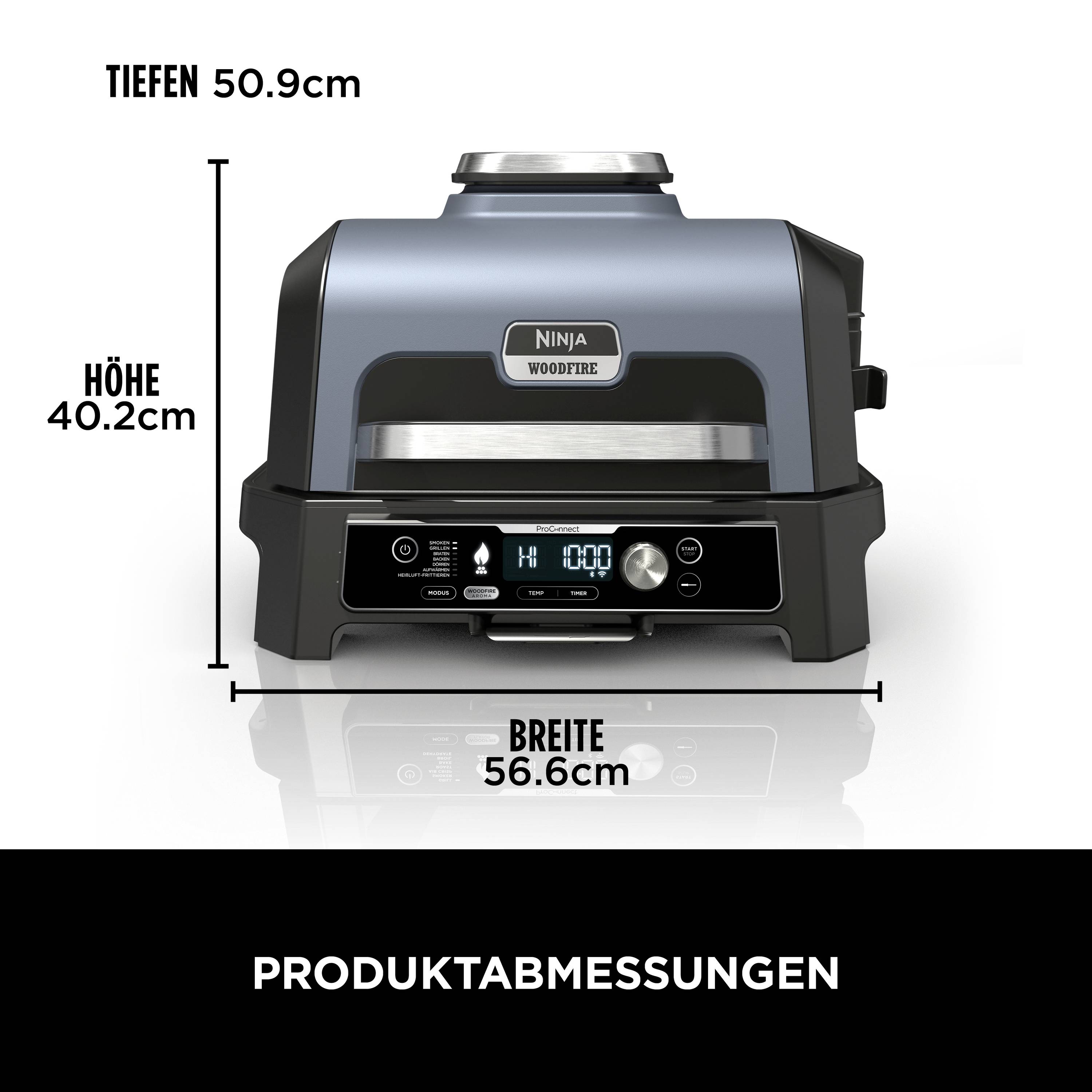 Grillgerät in Schwarz und Grau, vorne mit digitalen Bedienelementen. Maße: Breite 56,6 cm, Höhe 40,2 cm, Tiefe 50,9 cm.