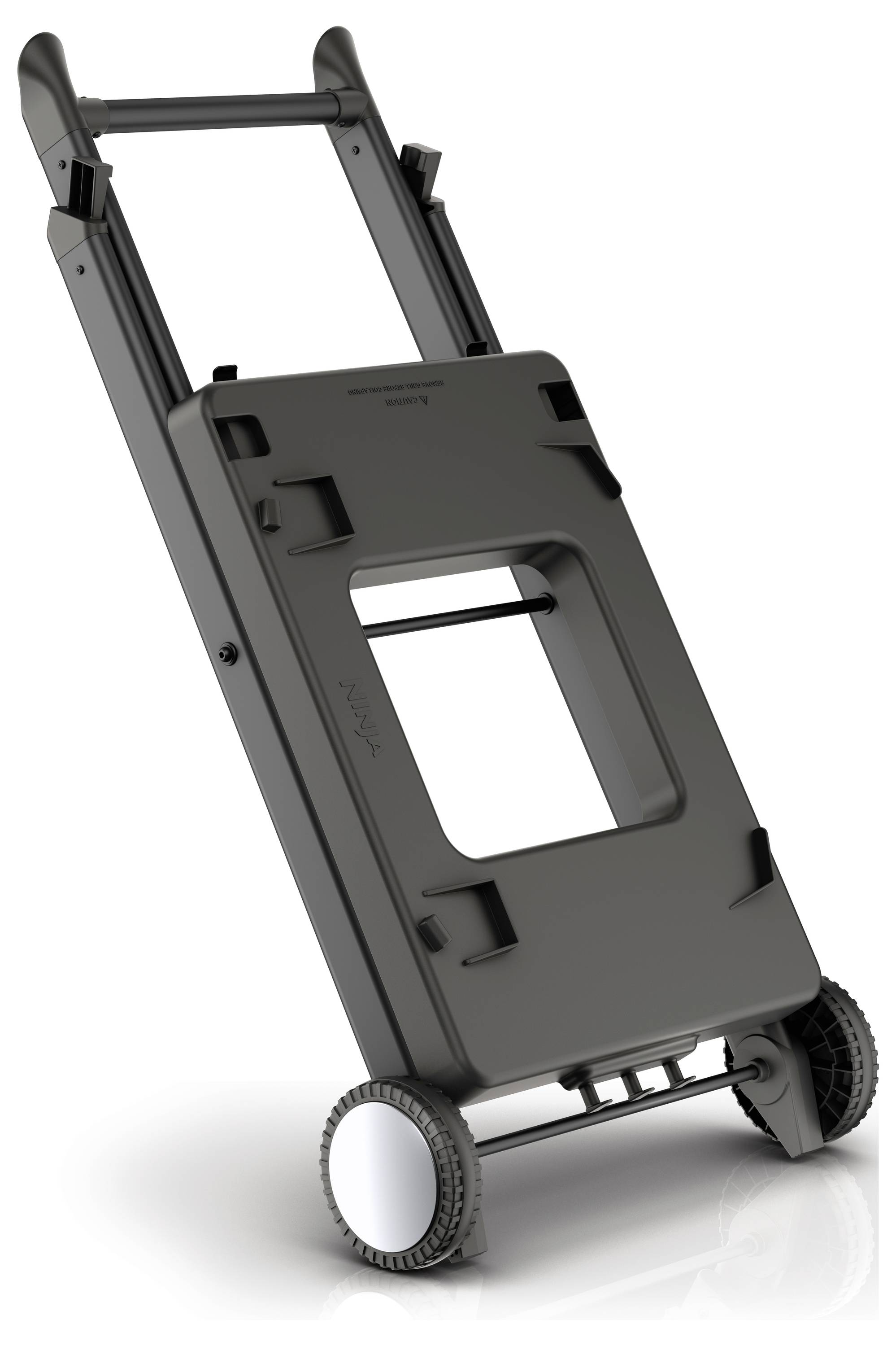 Ein schwarzer, zusammenklappbarer Handwagen mit zwei Rädern, geeignet für den Transport von Kisten oder schweren Gegenständen.