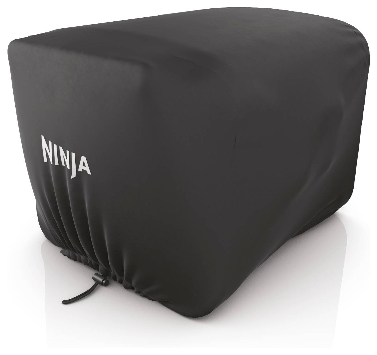 Schwarze Abdeckhaube mit der Aufschrift 'Ninja' schützt ein Küchengerät. Glatter Stoff mit Kordelzug unten. Ideal für Staubschutz.