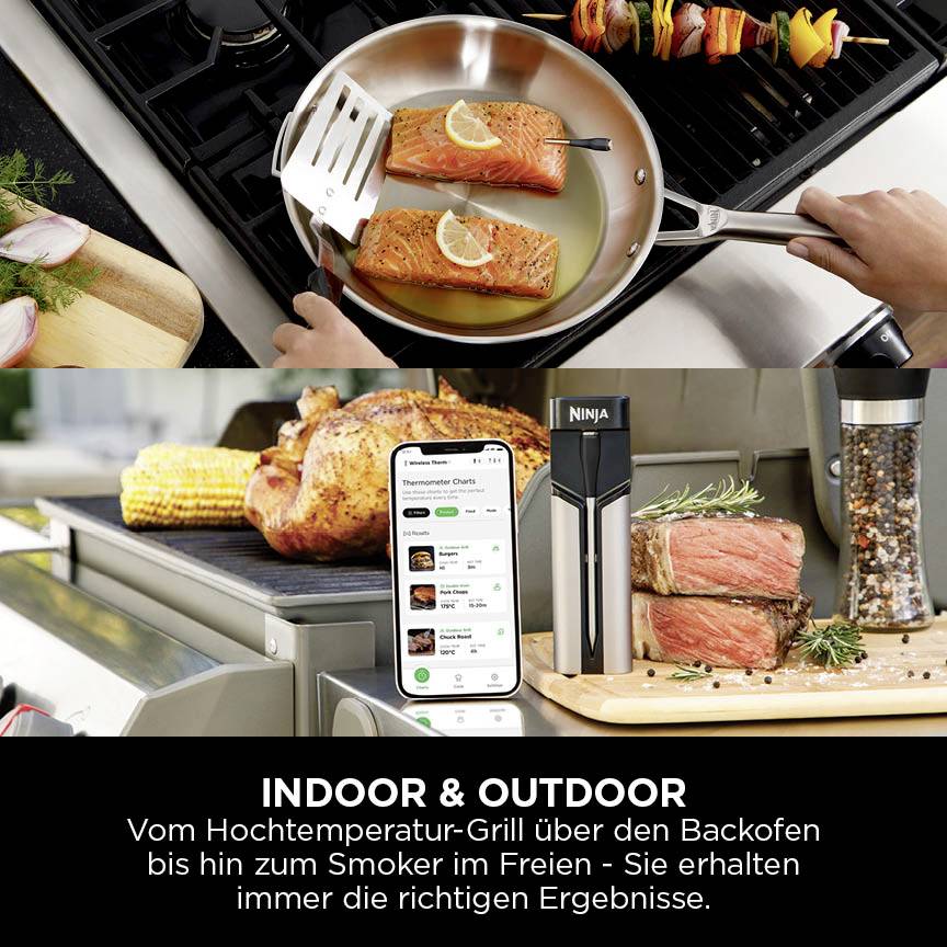 Ein Outdoor-Grillgerät zeigt gebratenen Lachs mit Zitronen, Hühnerspieße und ein Smartphone mit Grill-App für Kochanleitungen.