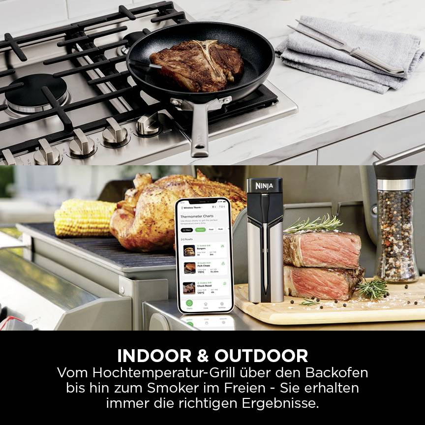 Ein Herd mit Steak in der Pfanne und daneben ein Smoker-Grill. Text: 'INDOOR & OUTDOOR'. Beschreibung von Grill-Möglichkeiten.