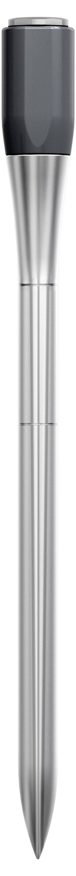 Eine silberne zylindrische Metallstange mit schwarzem Kopf, aussieht wie ein Boden- oder Temperaturfühler.