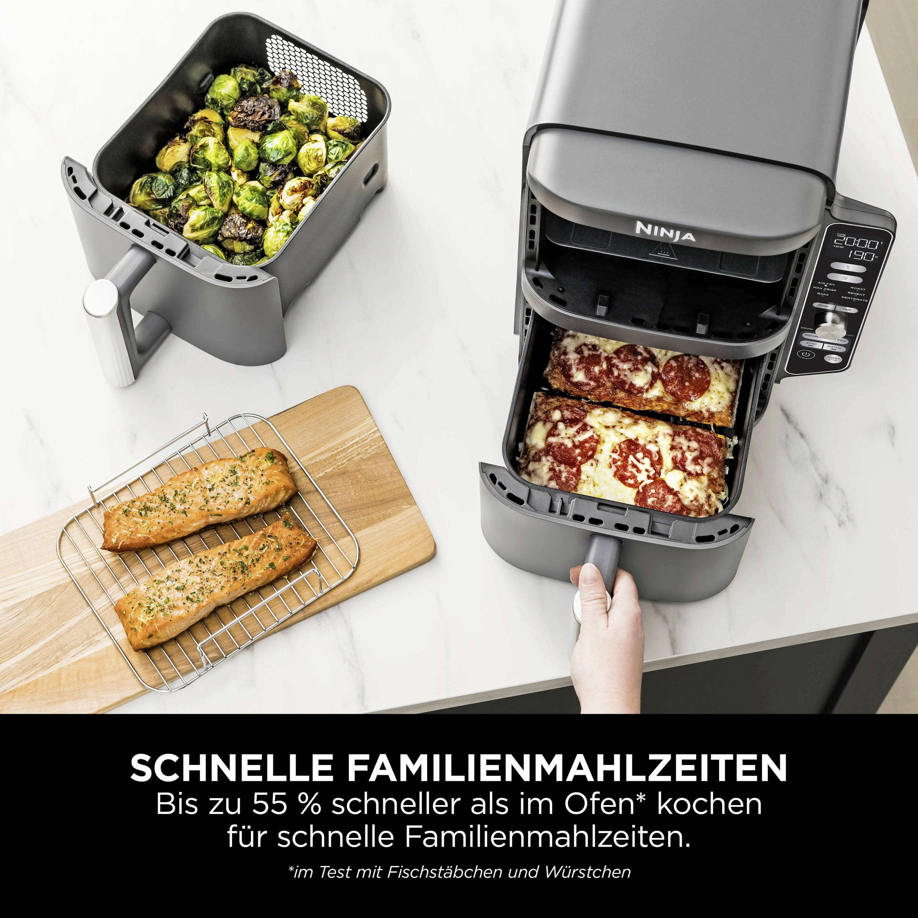 Multikocher mit geöffnetem Deckel und zwei Pizzen im Inneren. Schneidebrett mit Brot daneben. Text unten: 'Schnelle Familienmahlzeiten'.