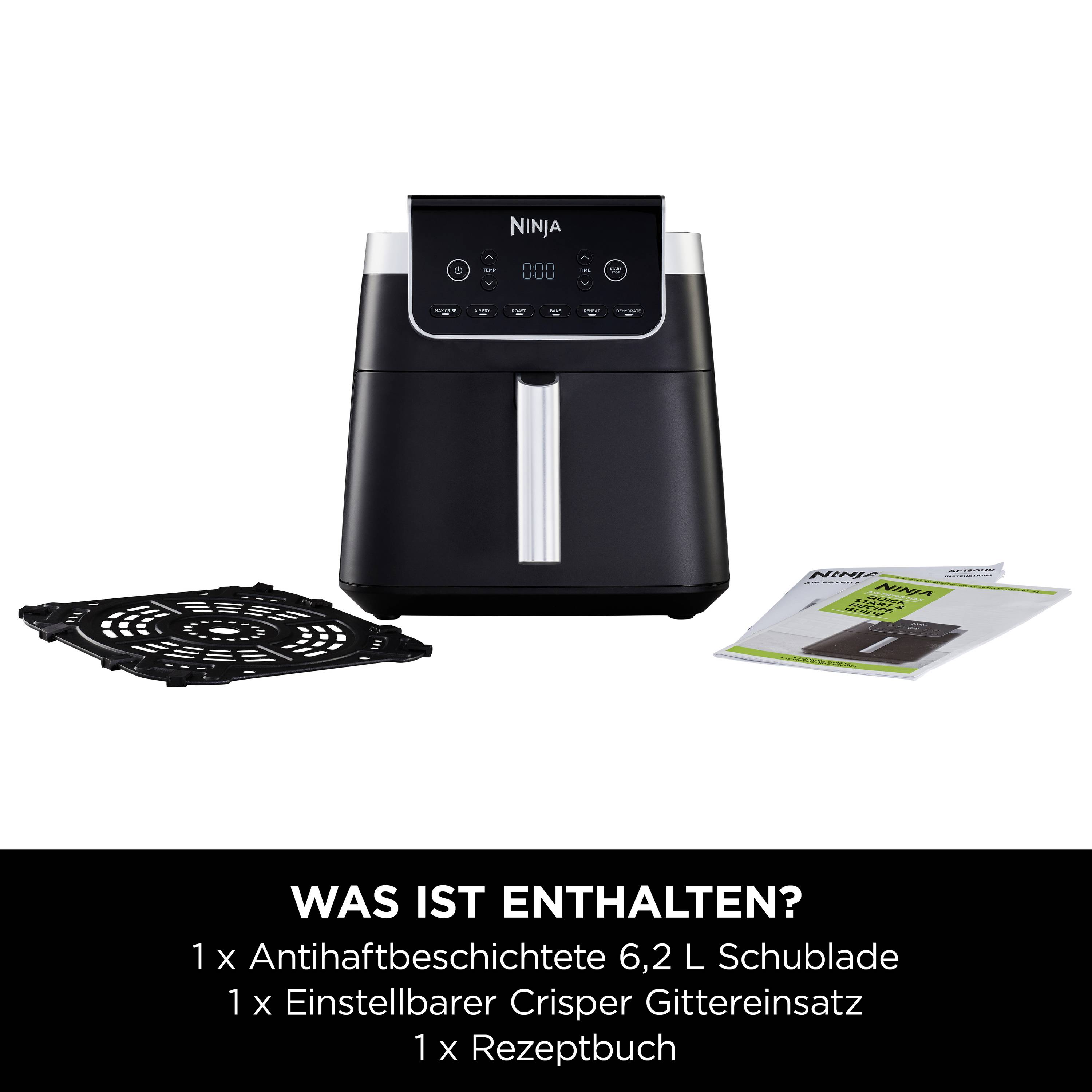 Eine schwarze Heißluftfritteuse mit Zubehör: eine 6,2 L Schublade, ein Crisper Gittereinsatz und ein Rezeptbuch.