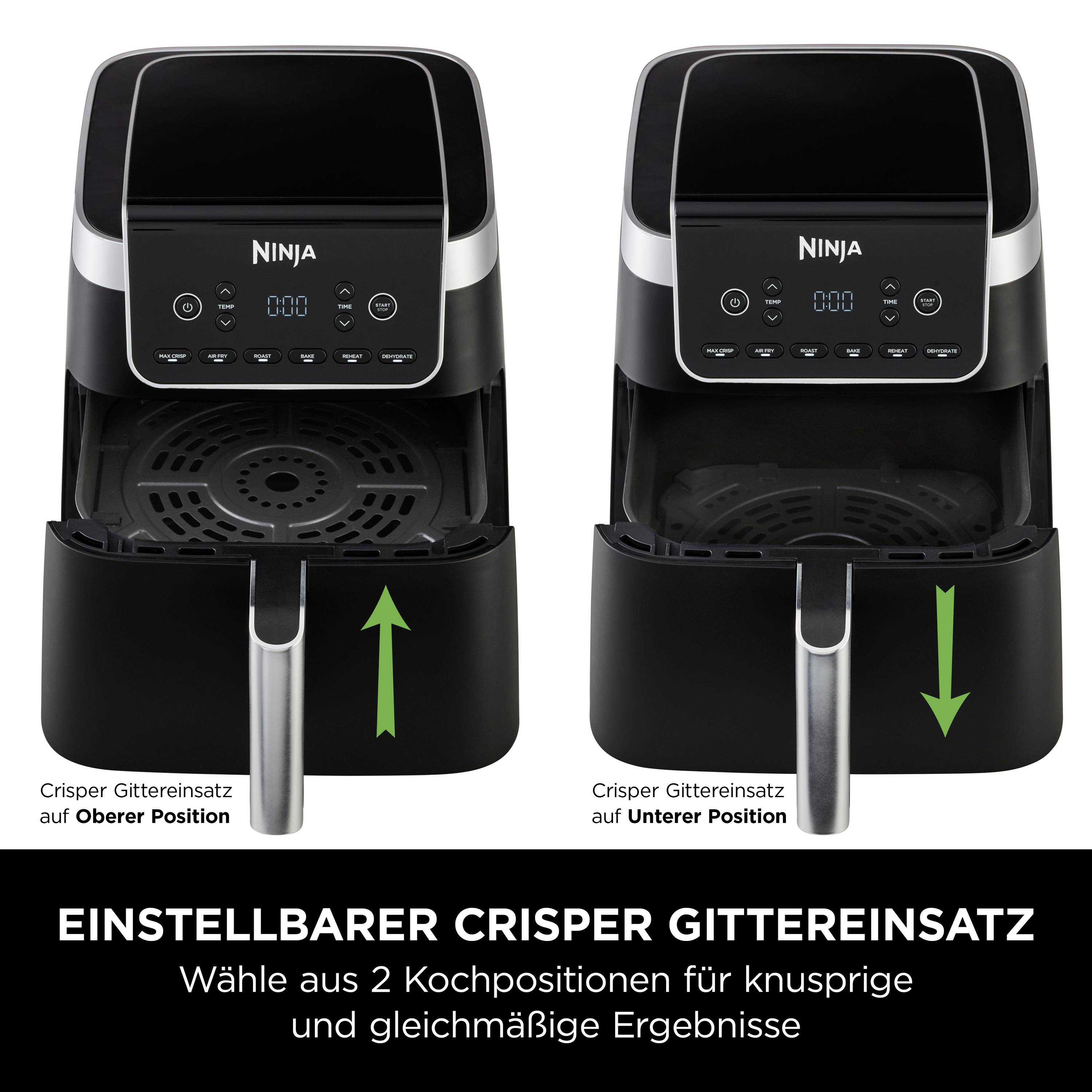 'Zwei Airfryer mit einstellbarem Crisper-Gittereinsatz zeigen obere und untere Positionen zur Auswahl für gleichmäßige Ergebnisse.'